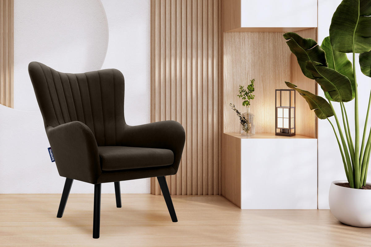 OHRENSESSEL GADI Velourstoff, Braun - Schwarz/Braun, Holz/Textil (76/100/78cm) - KONSIMO®