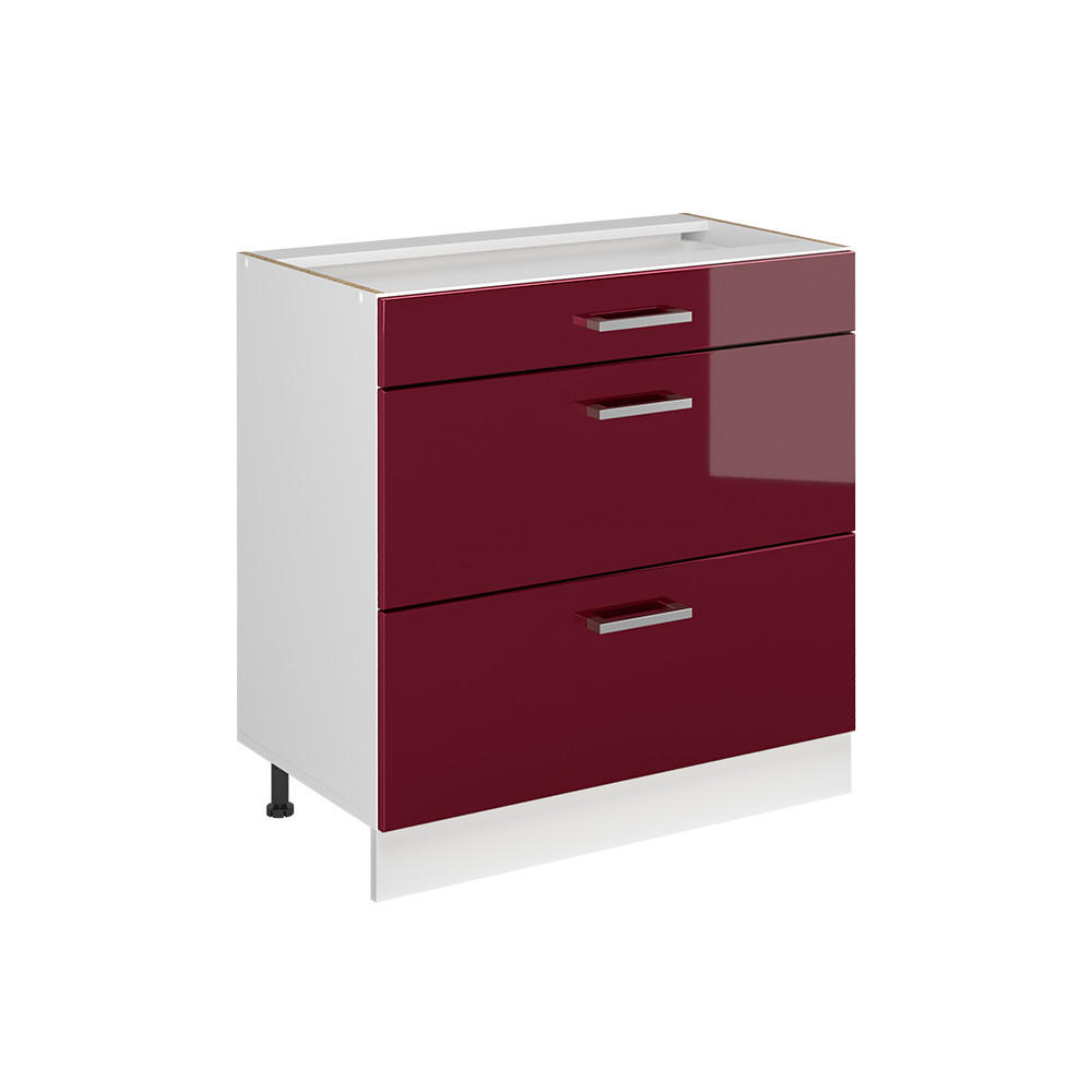 KÜCHENUNTERSCHRANK R-Line, Rot Hochglanz/Weiß, 80 cm mit 3 Schubladen ohne Arbeitsplatte - Rot/Weiß, Holzwerkstoff (80/81.6/46cm) - Vicco