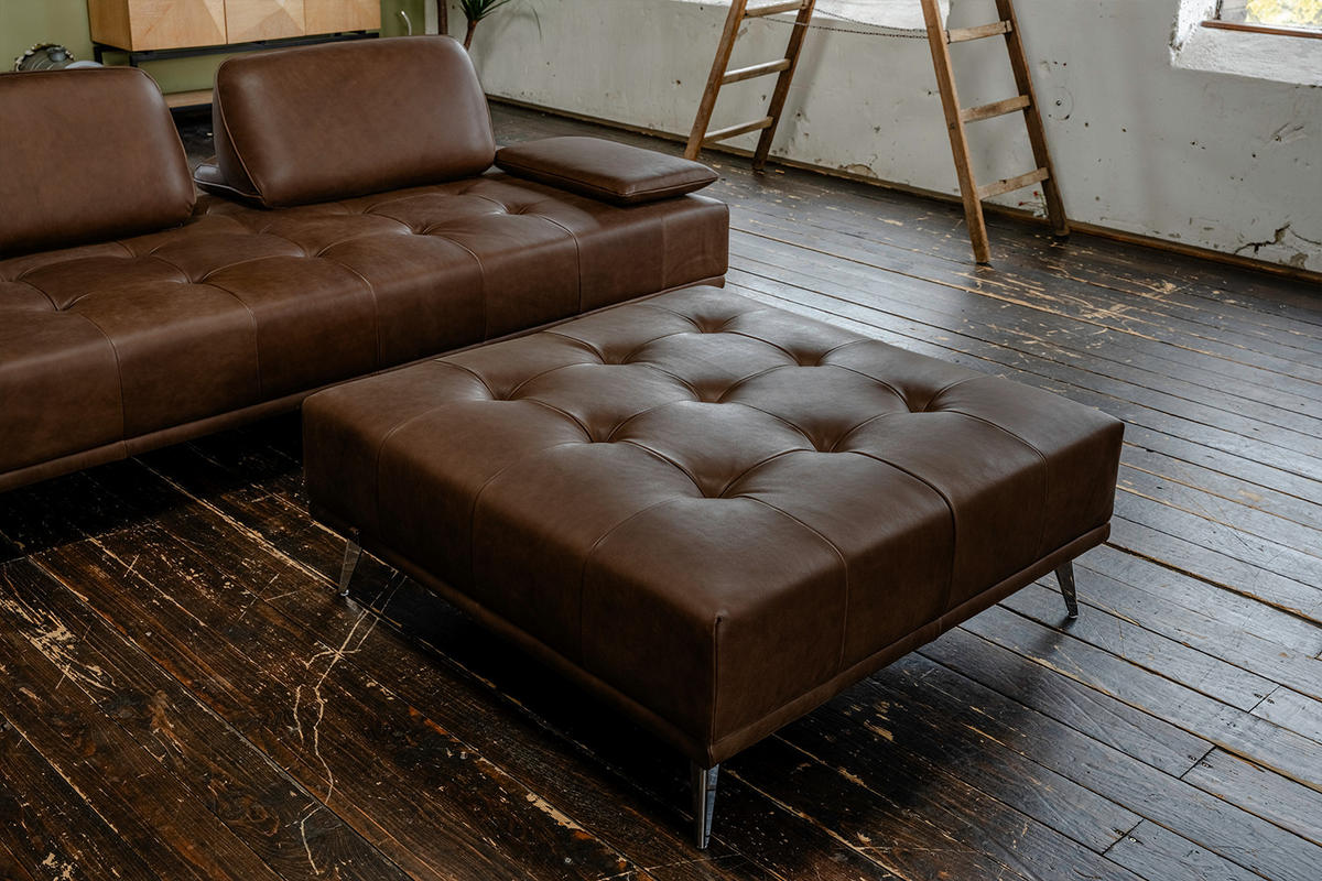 SOFA MIT HOCKER WIOLO 2ER SET Dunkelbraun Leder - Dunkelbraun/Silberfarben, Leder/Metall (240/83/110cm) - KAWOLA