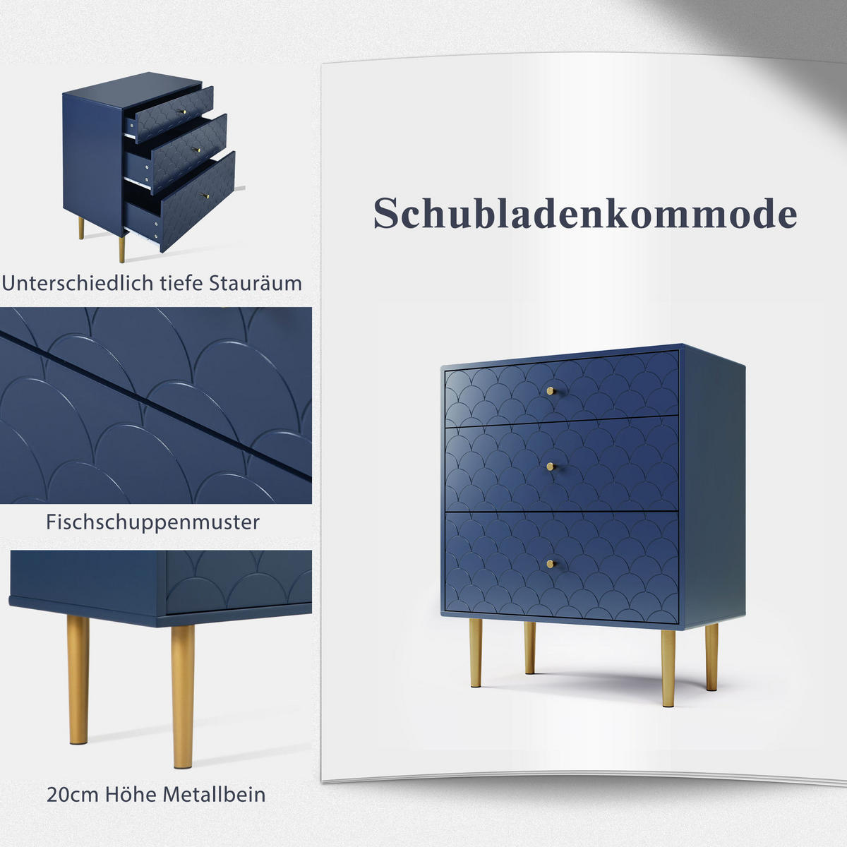 KOMMODE aus Spanplatte und Metall 75x40x89 cm Marineblau mit 3 Schubladen - Dunkelblau, Holzwerkstoff (75/89/40cm) - IVMEU
