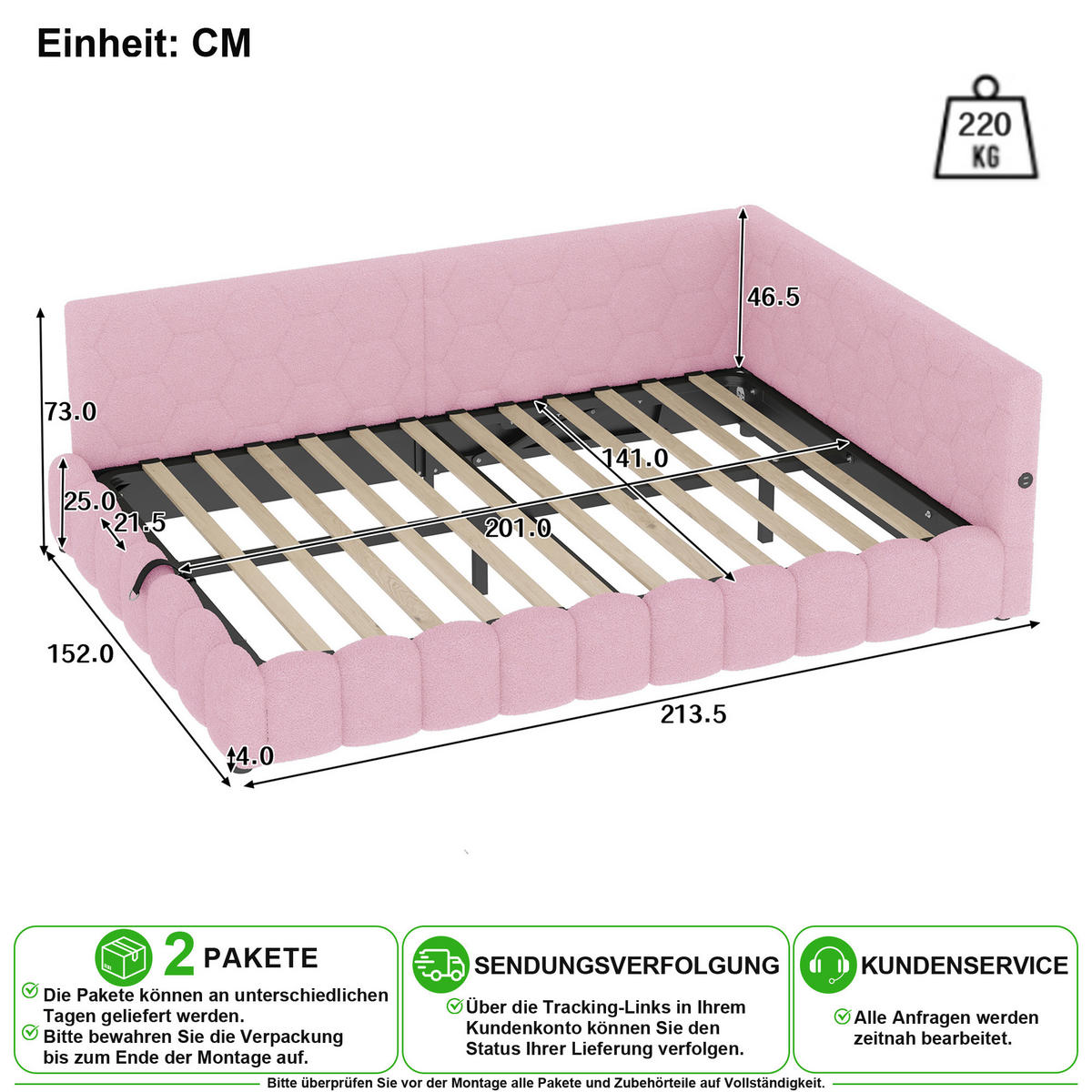 SCHLAFSOFA 140/200 cm in Rosa mit Bettkasten, LED und USB/Type-C - Rosa, Holzwerkstoff/Textil (140/200cm) - CHICFURN