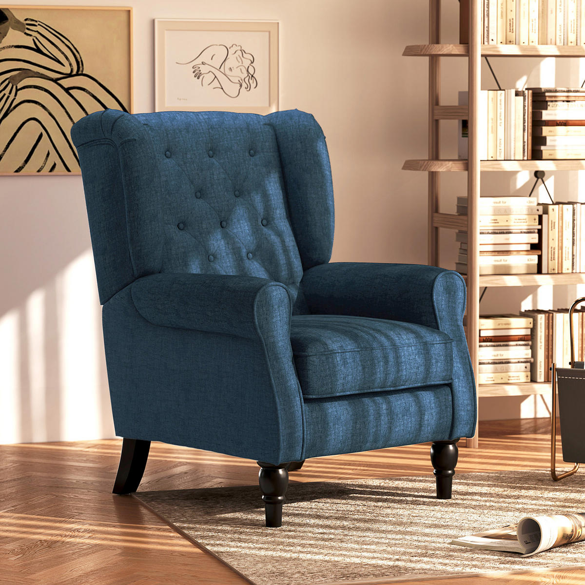 OHRENSESSEL DE-06469 dick gepolstert, abnehmbarer Bezug Blau - Blau, Holz/Textil (86/102/74cm) - ComfortXL