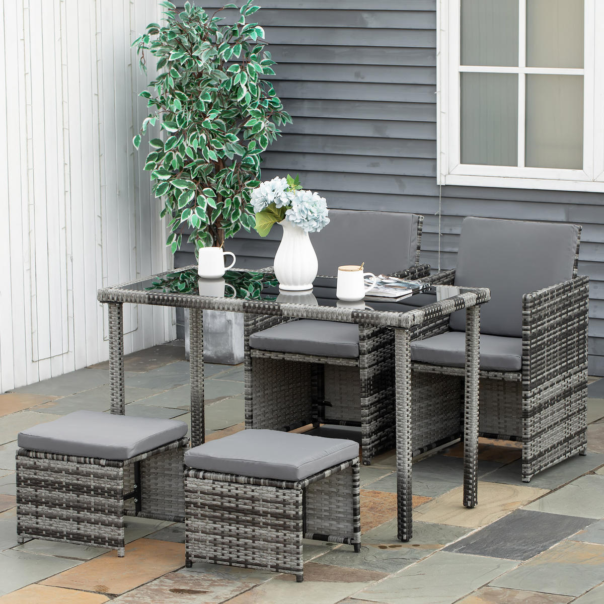 SITZGRUPPE 5-teilig DE-06784 mit Tisch & Hockern Grau - Grau, Glas/Kunststoff - ComfortXL