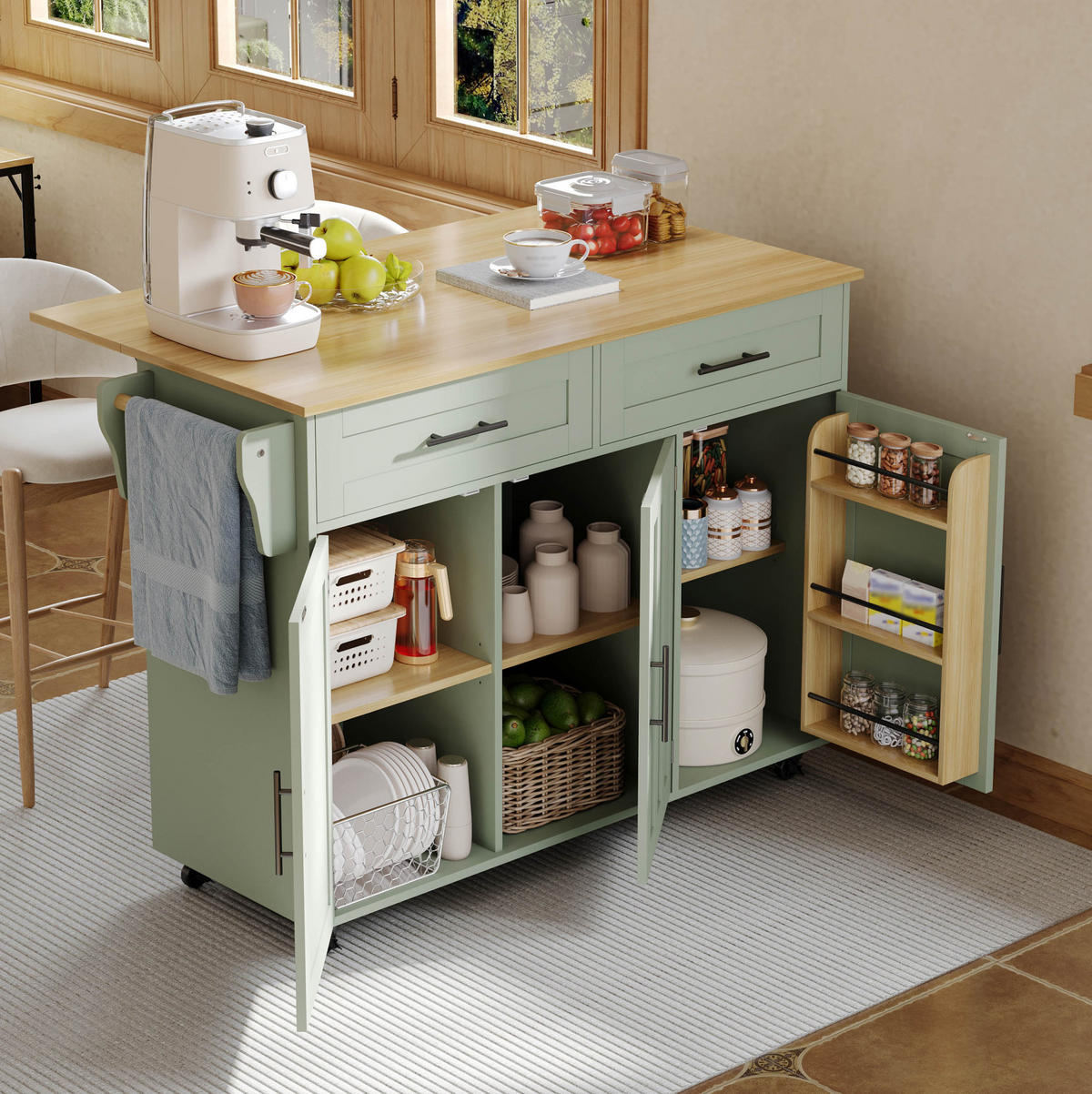 KÜCHENWAGEN mit Klappplatte 129 x 71 x 91,5 cm Antique Green - Grün, Holz (46/91.5/120cm) - Beauniv