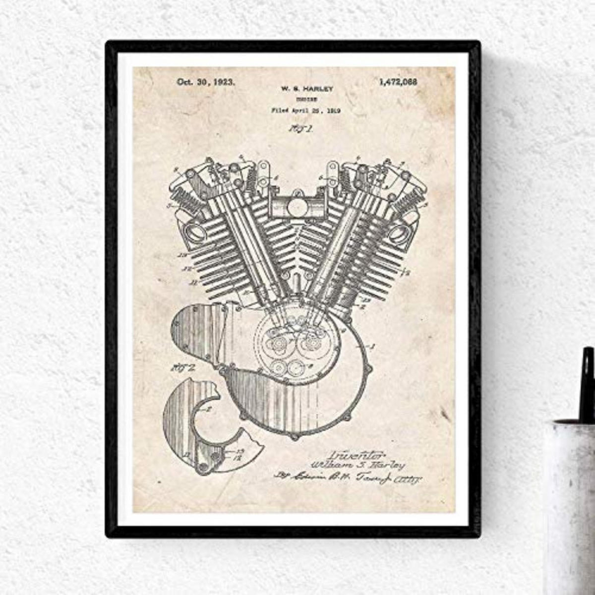 POSTER Harley-Motor Patent A3 Schwarzer Rahmen - Schwarz, Papier (29.7/5/42cm) - Nacnic