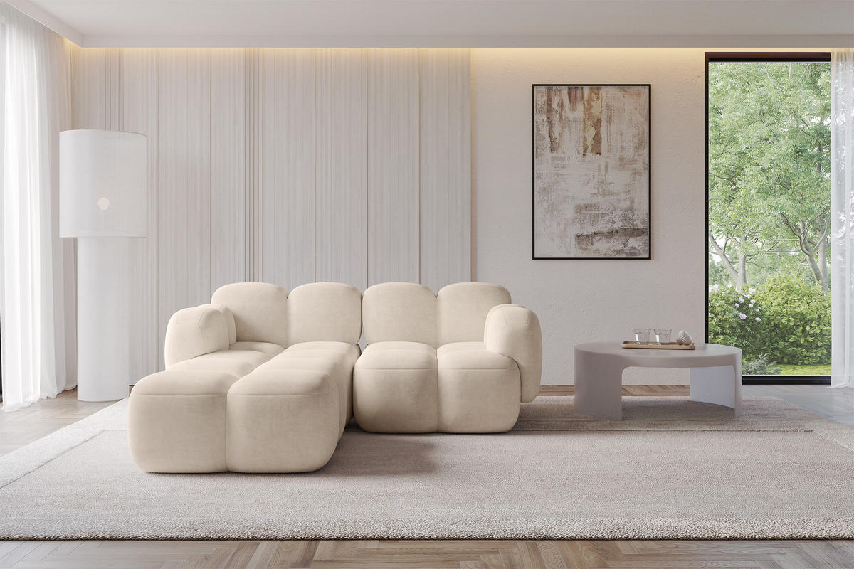 ECKSOFA modulares Sofa Links Miko-L1 214x205x75 Beige Velours - Ecru/Schwarz, Holzwerkstoff/Kunststoff (214/205cm) - ALTDECOR