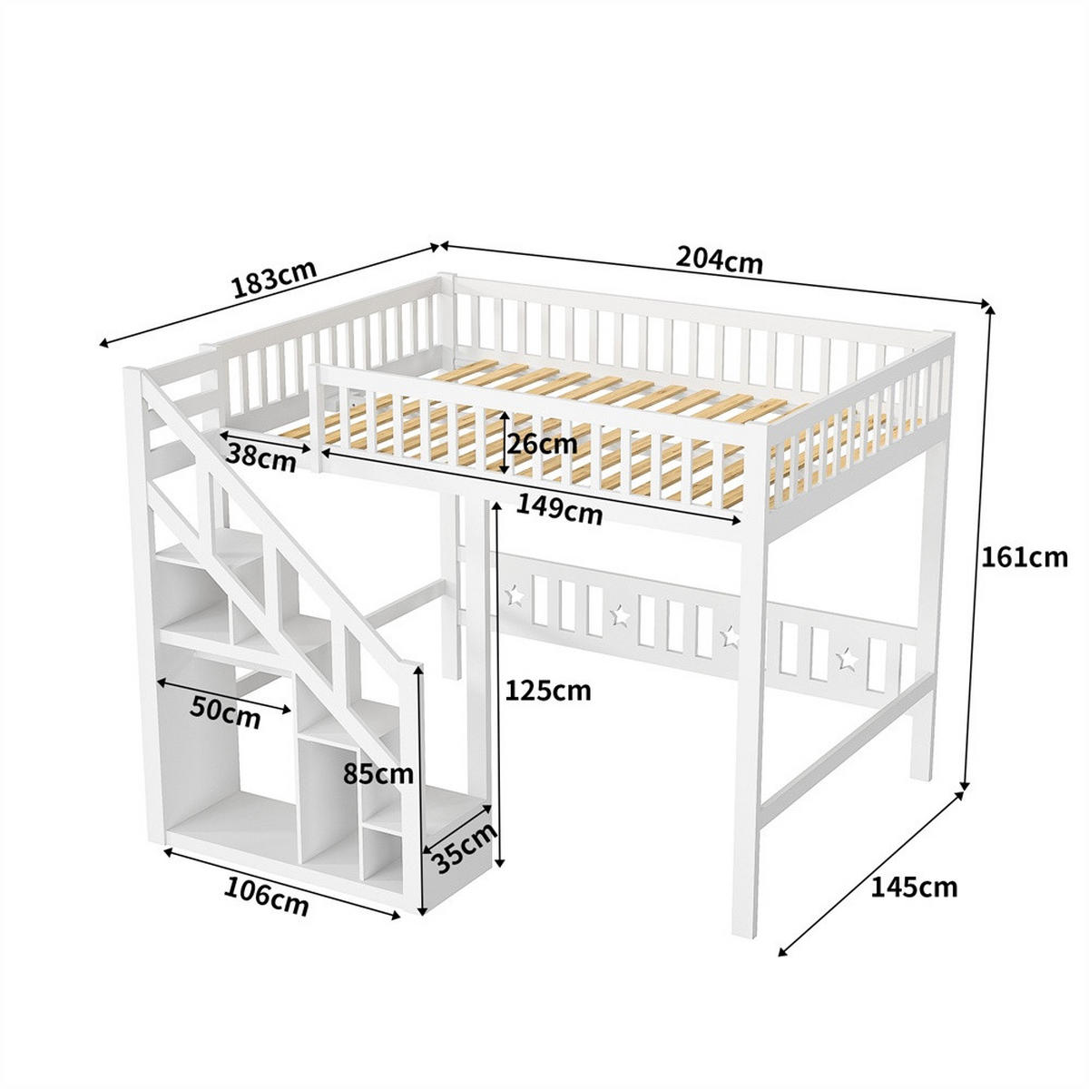 HOCHBETT 140x200 cm - Multifunktionales Kinderbett mit Treppenregal und hohem Rausfallschutz - ohne Matratze - Weiß - Weiß, Holz (140/200cm) - DELFA