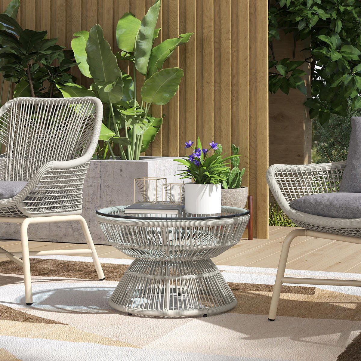 GARTENBEISTELLTISCH DE-13612 rund mit Glasplatte Natur - Hellgrau, Kunststoff/Metall (60/60/37cm) - ComfortXL