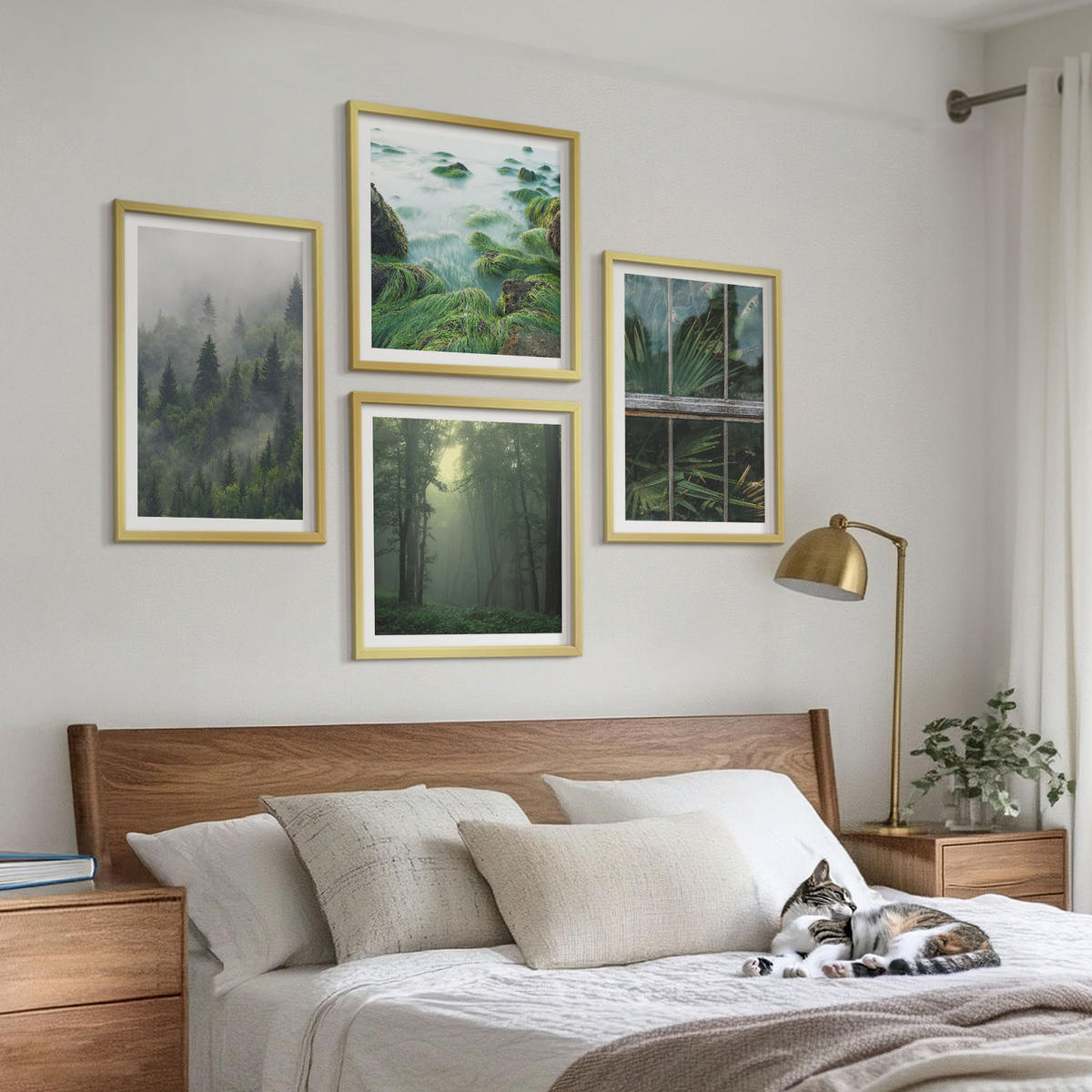 BILDER SET 4er Set - 50x50 cm & 40x60 cm Goldrahmen - Waldnebel, Fluss, Gewächshauspflanzen - Goldfarben, Kunststoff (50/50cm) - TULUP