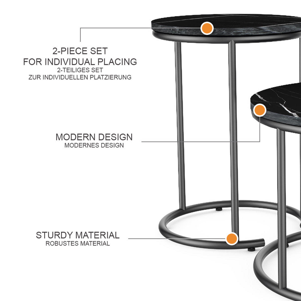 COUCHTISCH-SET Ottawa Schwarzer Marmor 55 x 55 cm 2 Teile - Schwarz Hochglanz, Holzwerkstoff (55/55/34.5cm) - Vicco