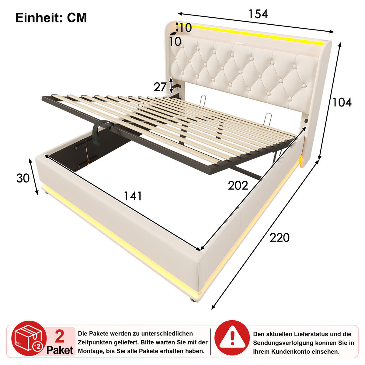 ČALOUNĚNÁ POSTEL 140 × 200 cm v bílé barvě s úložným prostorem, LED osvětlením a USB/USB-C - bílá, kov/kompozitní dřevo (140/200cm) - WISHDOR