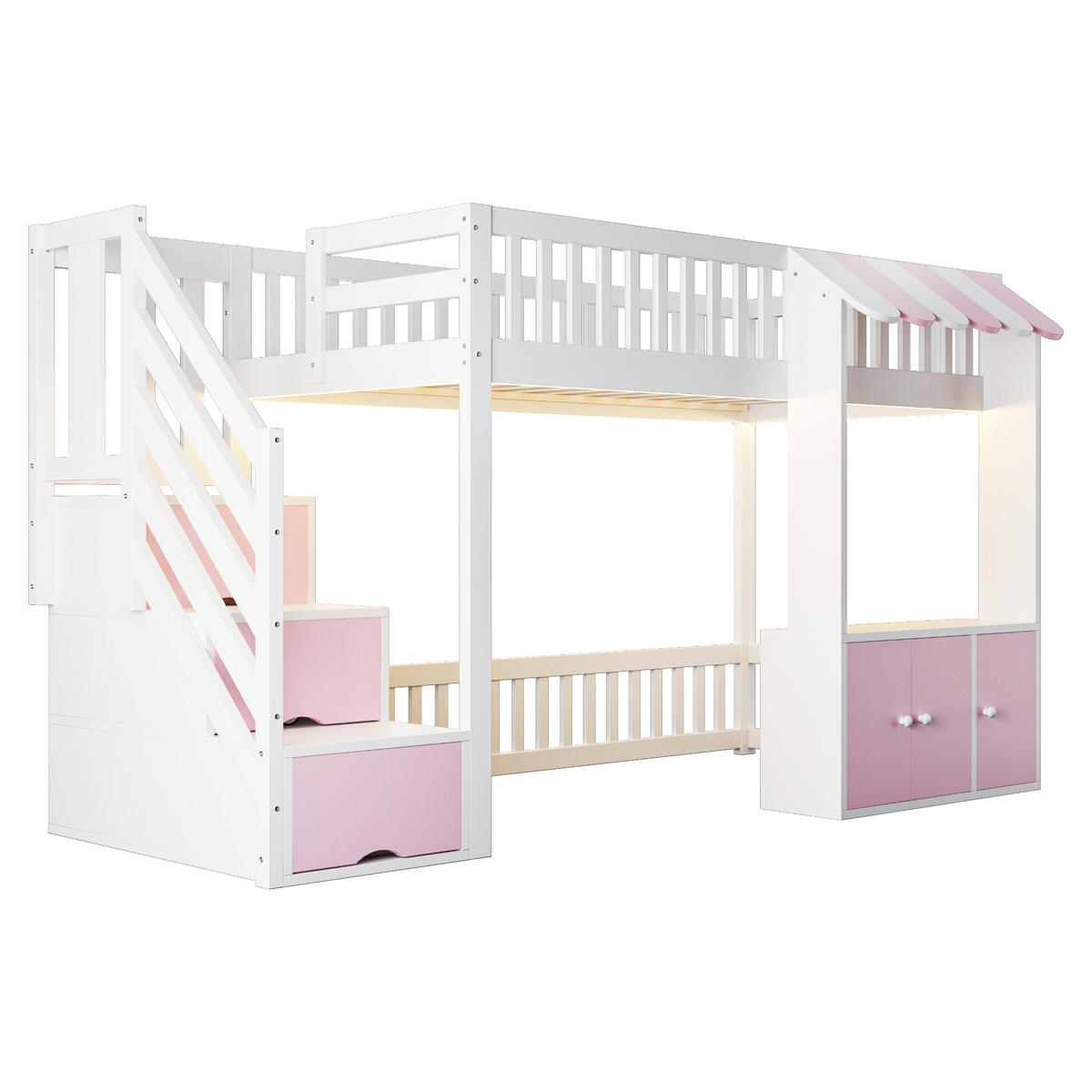 HOCHBETT 90/200 cm in Weiß & Rosa mit Stauraumtreppe, LED und Stauraum - Weiß/Rosa, Holz/Holzwerkstoff (90/200cm) - STILVORA
