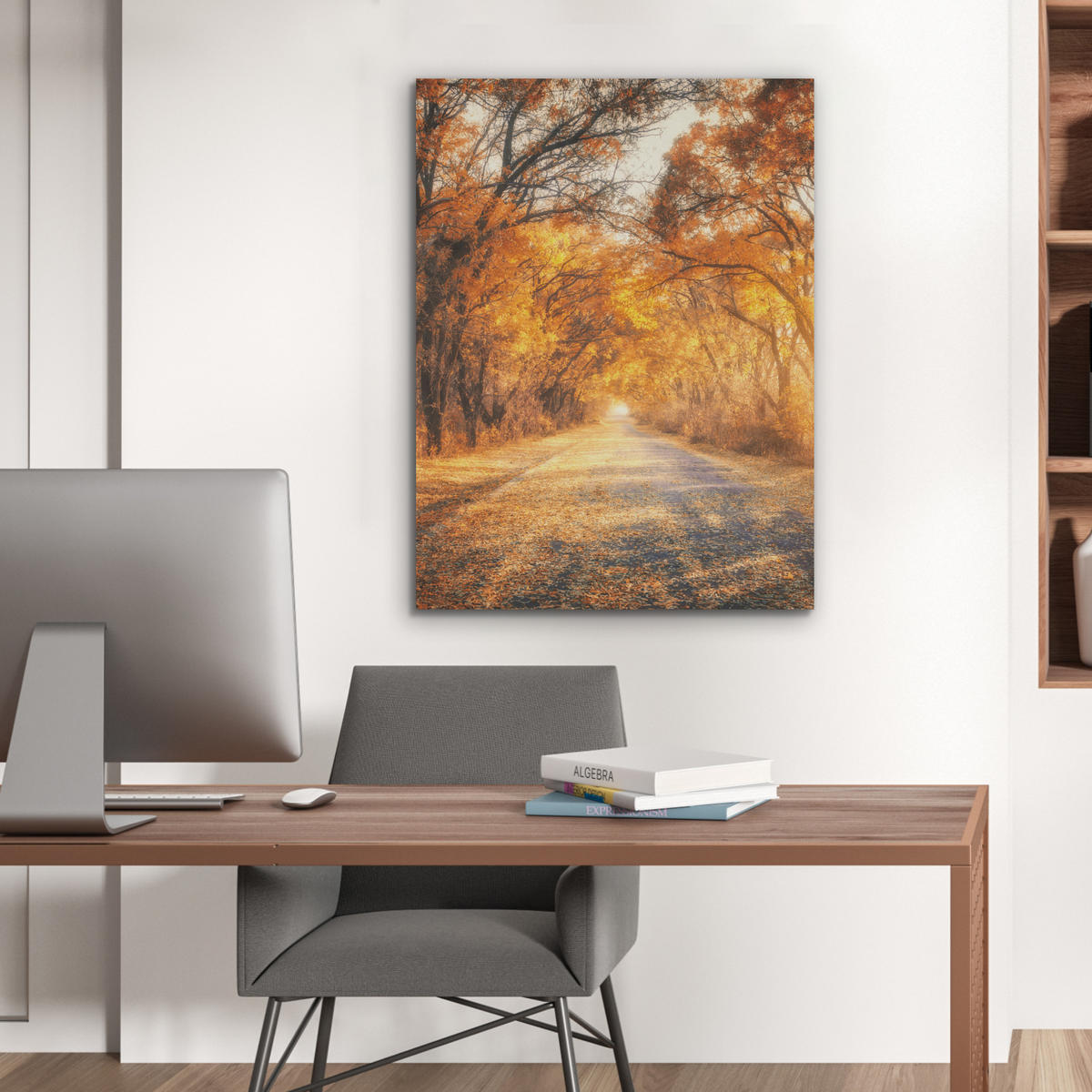 AKUSTIKPANEEL Wald - Herbst - Bäume - Waldweg - Natur 60x80 cm - Bernsteinfarben, Textil (60/0.9/80cm) - MuchoWow