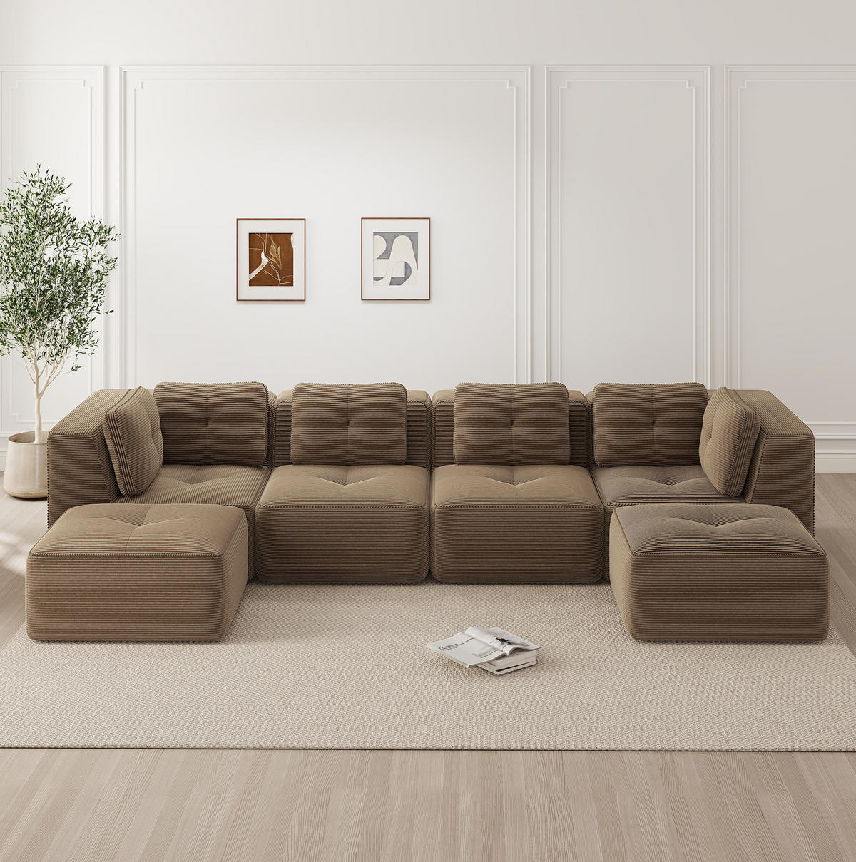 WOHNLANDSCHAFT 386/177/69 cm in Braun aus Cord mit modularem Design - Braun, Textil (177/69/386cm) - Flora Grace