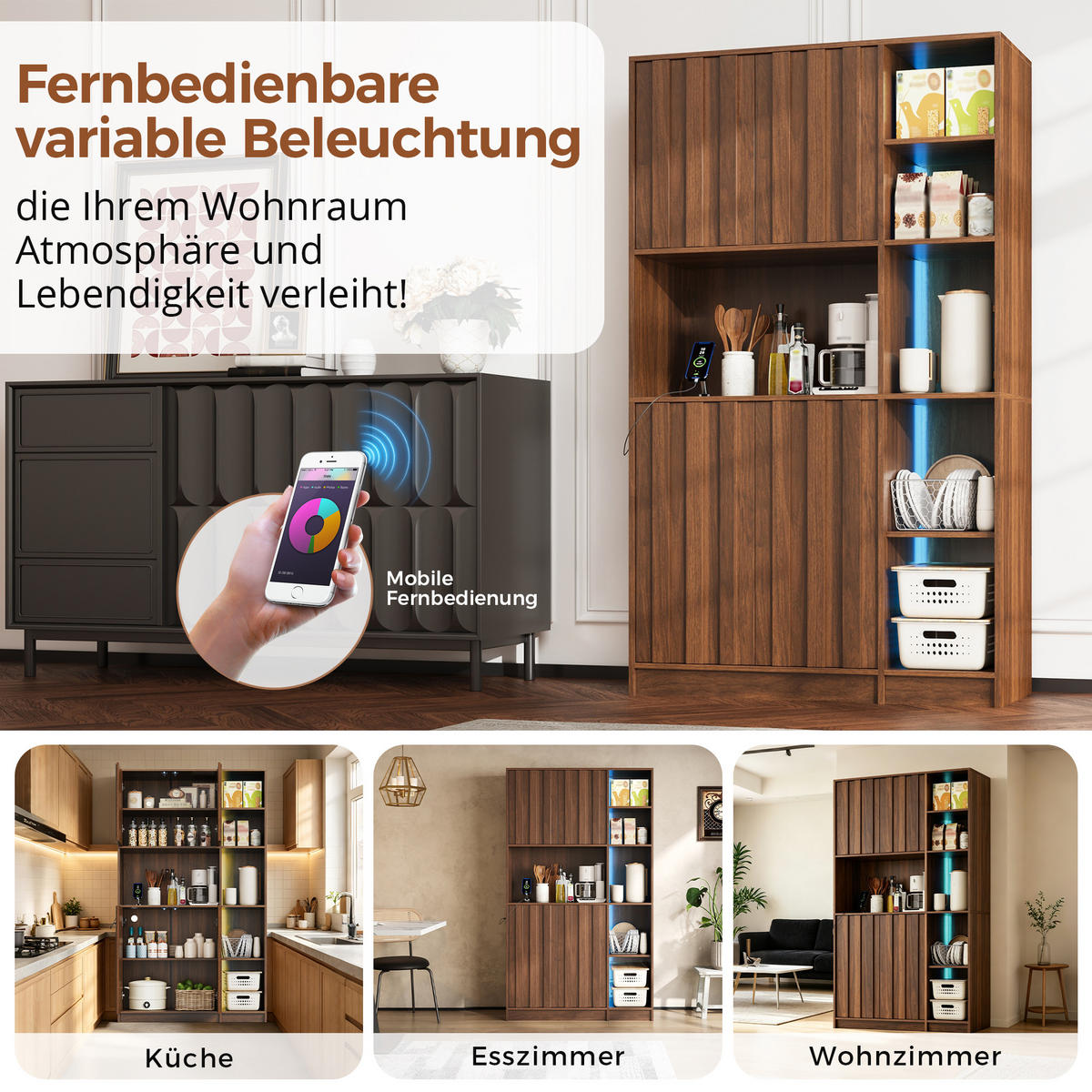 HIGHBOARD DE-38703 105/40/180 cm LED-Beleuchtung und Steckdose Walnuss - Walnussfarben, Holzwerkstoff (105/180/40cm) - ComfortXL