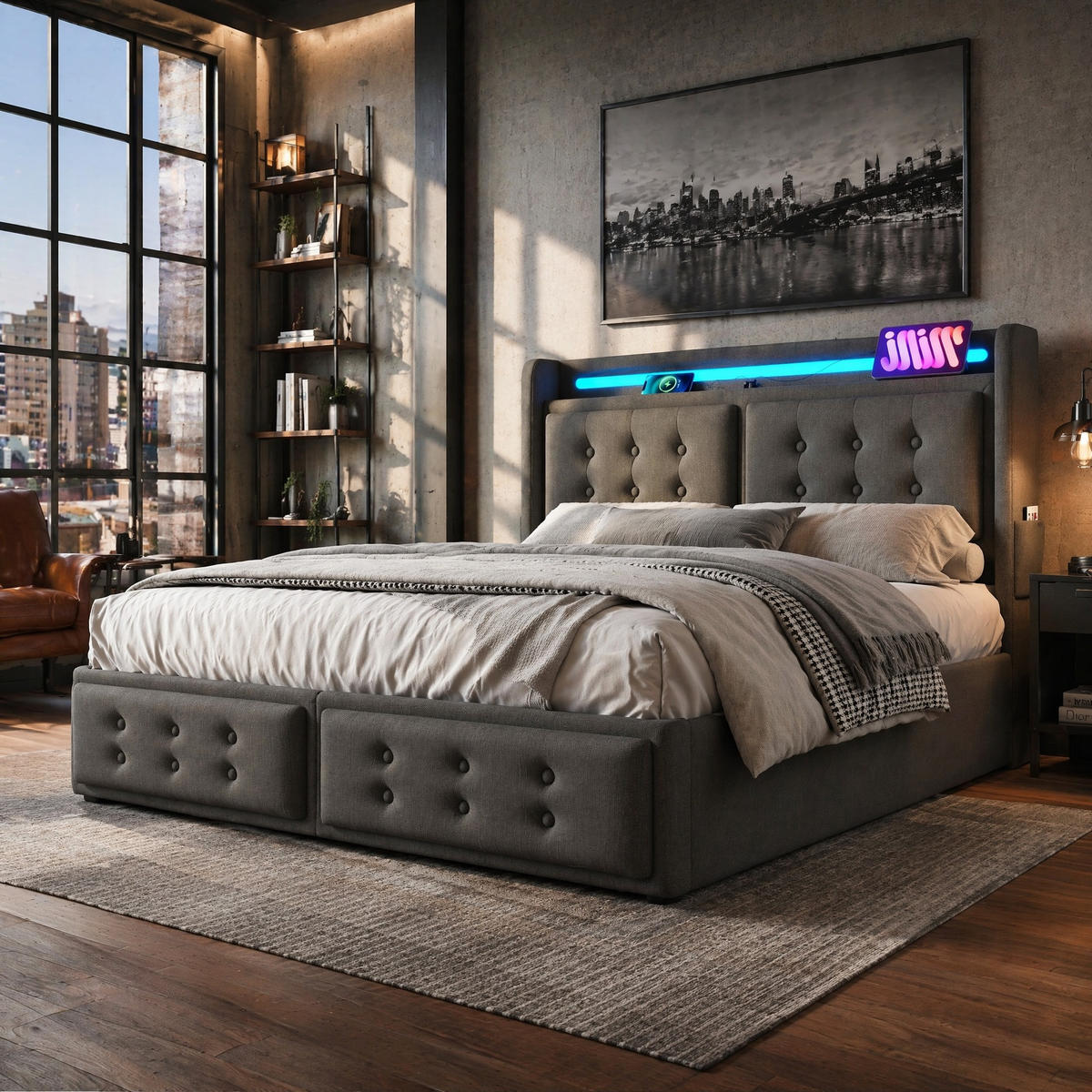 POLSTERBETT 140/200 mit Bettkasten, LED und USB in Grau - Grau, Holzwerkstoff/Textil (140/200cm) - EVRYAE