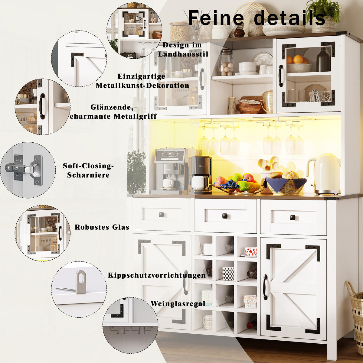 HOCHSCHRANK 120/40/170 cm mit LED-Beleuchtung, Steckdosenleiste, USB und Weinglashalter aus MDF und Glas, Weiß - Weiß, Holzwerkstoff (120/170/40cm) - Redom