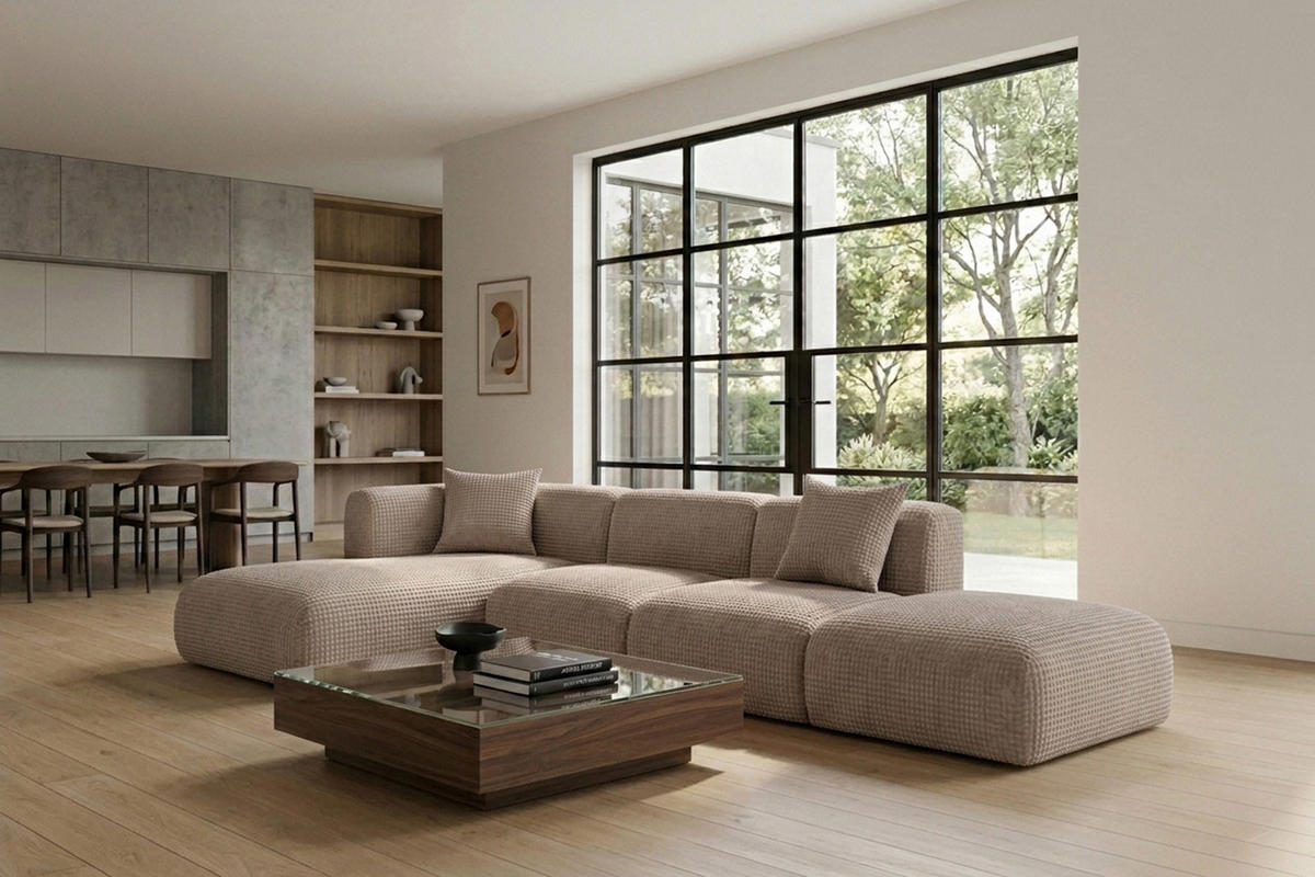 ECKSOFA L-Form mit Hocker, Chenille-Stoff Cremona, Beige, Links, GRETA - Beige, Holz (386/179cm) - Kaiser Möbel