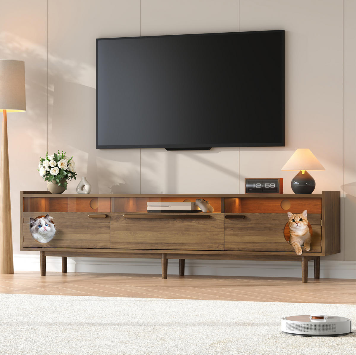 TV stolek 180/40/50 cm s LED osvětlením, pro kočky, dvířky z tvrzeného skla a zásuvkou, Ořechová - barva vlašského ořechu, kompozitní dřevo (180/50/40cm) - Redom