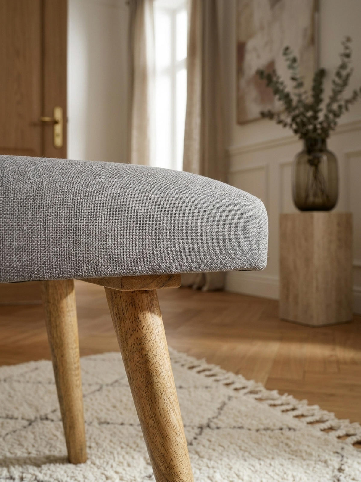 SITZBANK SILE Retro Stil Stoffbezug Massivholz, Grau 117x38x51 cm - Braun/Grau, Mangoholz/Textil (117/51/38cm) - KADIMA DESIGN