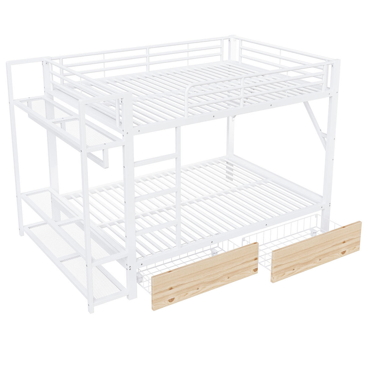 ETAGENBETT aus Metall und MDF 140x200 cm Weiß mit LED-Lichtleiste, 2 Schubladen, Regalen und Kleiderstange - Weiß, Metall (140/200cm) - Modfu