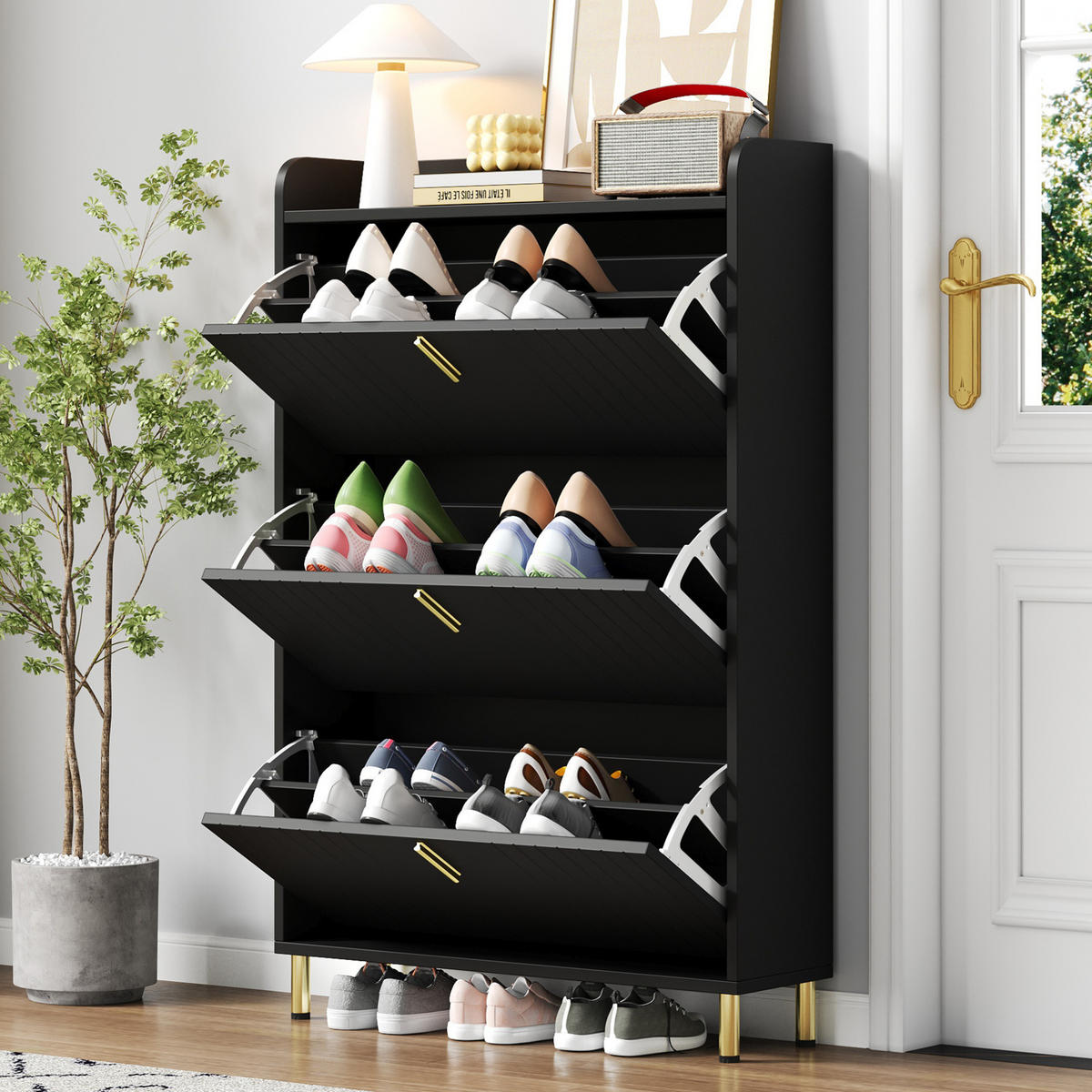SCHUHSCHRANK mit 3 Klappen 80 x 23 x 123,5 cm MDF Schwarz - Schwarz, Holz (23.5/123.5/80cm) - Beauniv