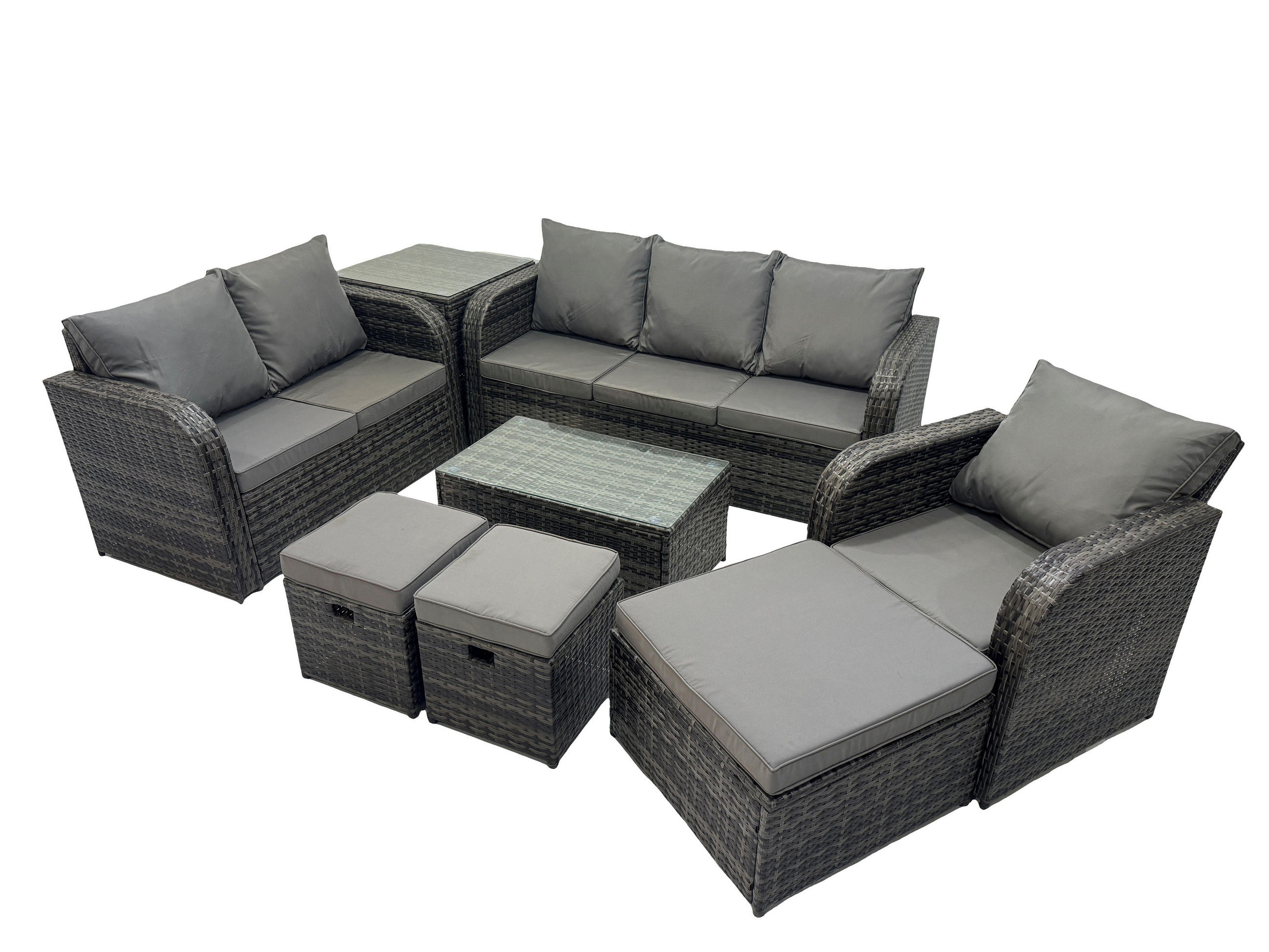 GARTENSET Polyrattan Dunkelgrau 6-Sitzer - Dunkelgrau/Grau, Glas/Kunststoff - Fimous