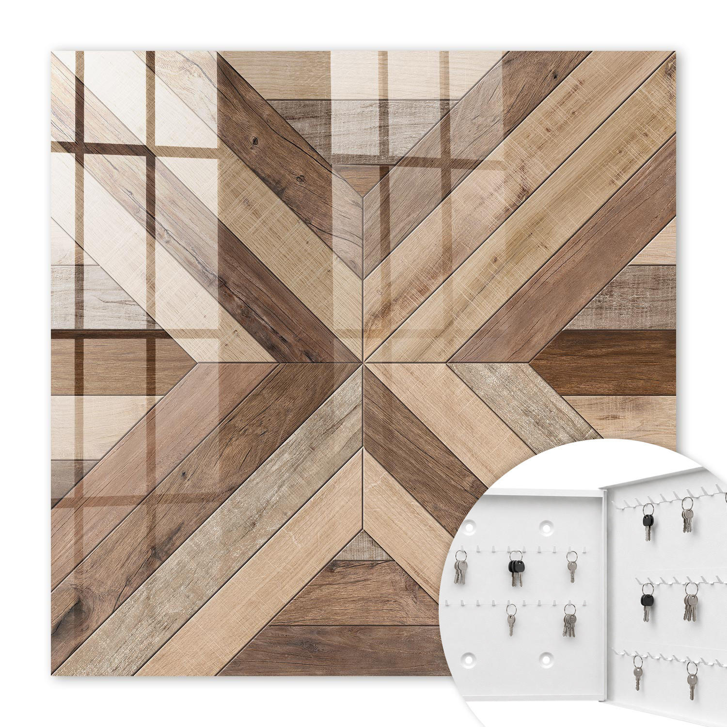 SCHLÜSSELBOX Weiß 30x30 cm – Türöffnung nach rechts - Holzgeometrie - Braun, Metall (30/30/5cm) - TULUP