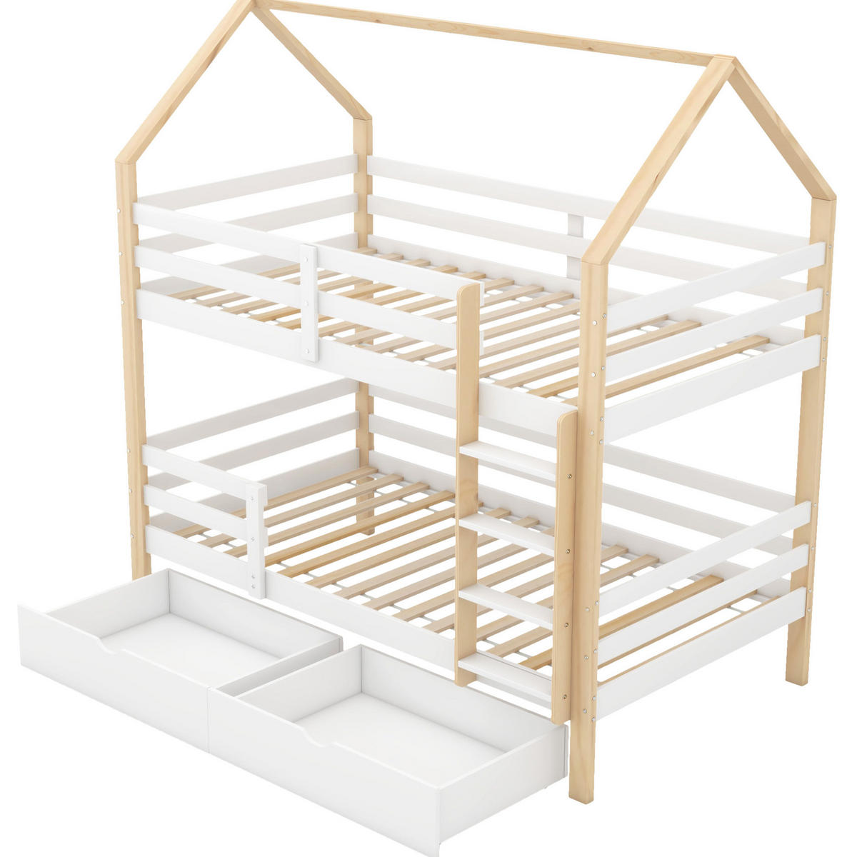 KINDERBETT in Hausform 90/200 cm mit Lattenrost, Rundum-Schutz und 2 Schubladen, Weiß/Eichefarben - Weiß, Holz (90/200cm) - Redom