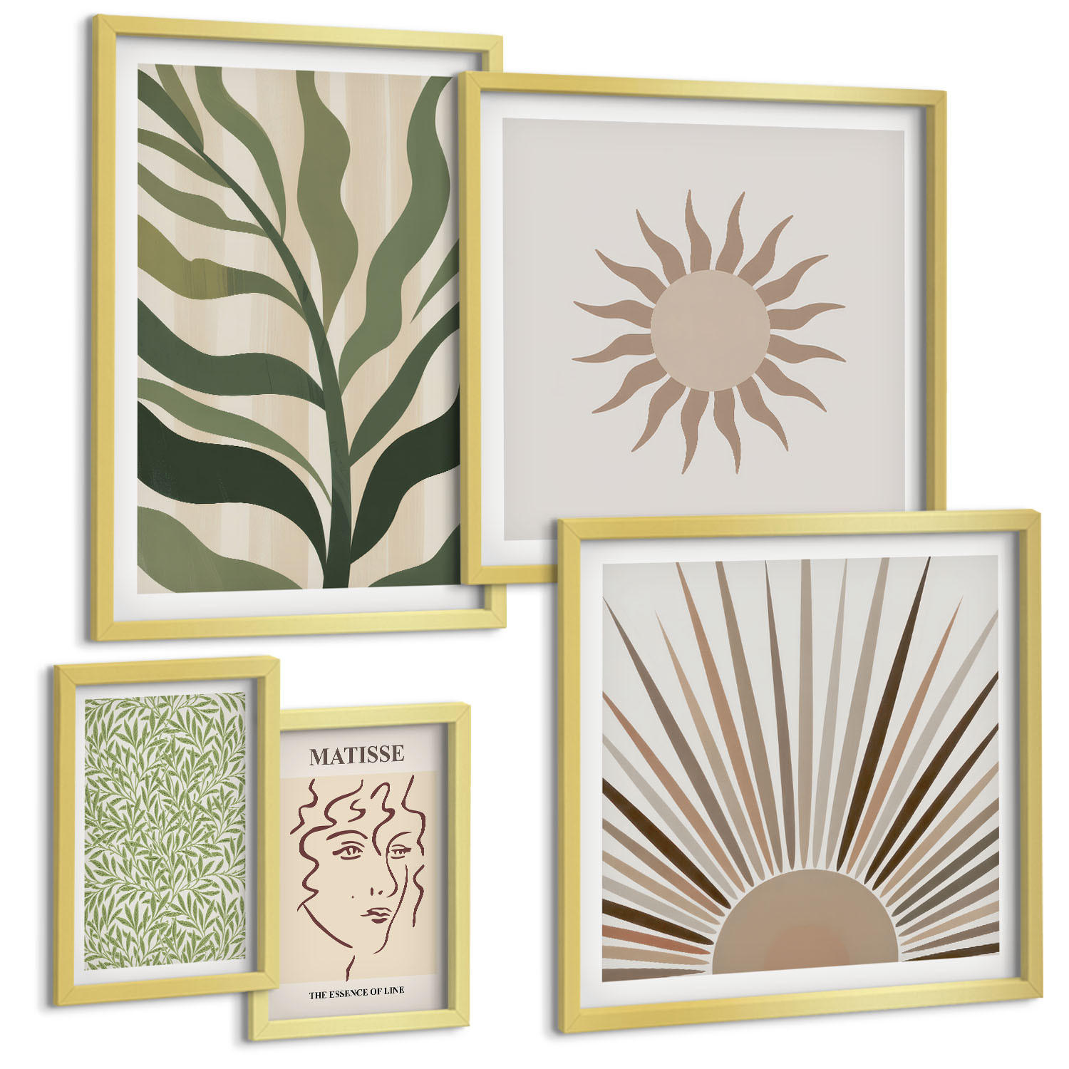 BILDER SET 5er Set - 50x50 cm & 20x30 cm & 40x60 cm Goldrahmen - Abstrakte Pflanzenmuster - Goldfarben, Kunststoff (40/60cm) - TULUP