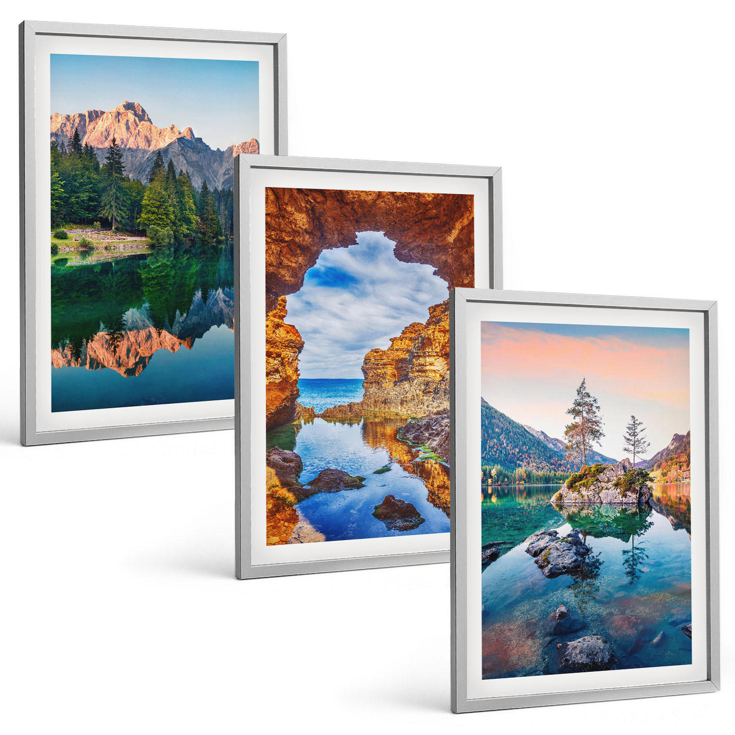 BILDER SET 3er Set - 40x60 cm Silberner Rahmen - Spiegelungen der Felsen in Bergseen - Silberfarben, Kunststoff (40/60cm) - TULUP