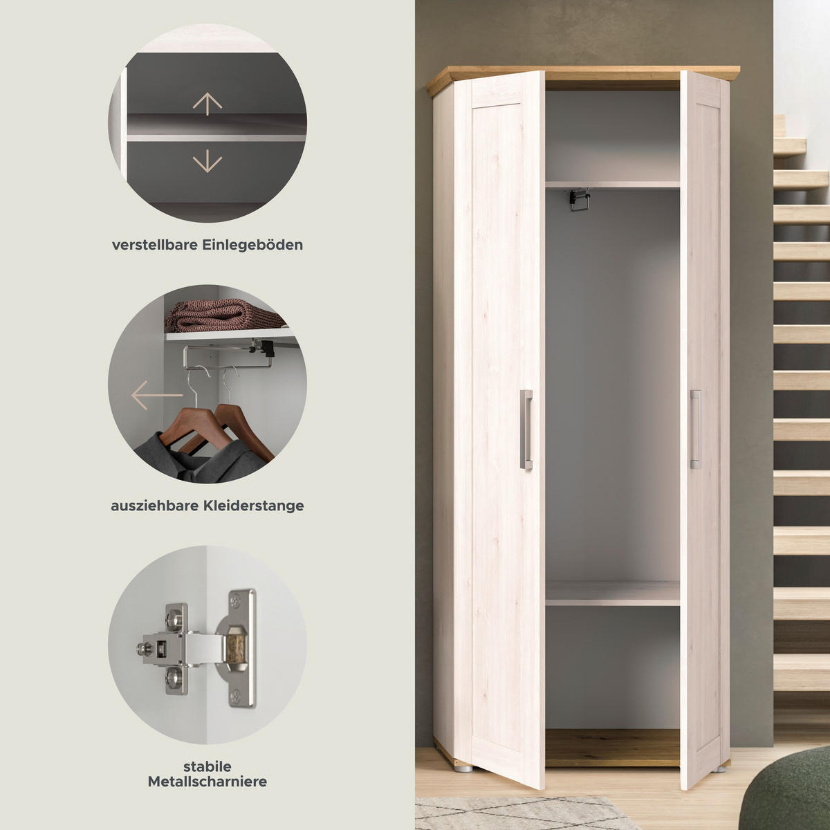 GARDEROBENSCHRANK Verona Garderobe in Sibiu Lärche Nb. und Artisan Eiche Nb. B/H/T: 80x196x39 cm - Lärchefarben, Holzwerkstoff (78/194/37cm)