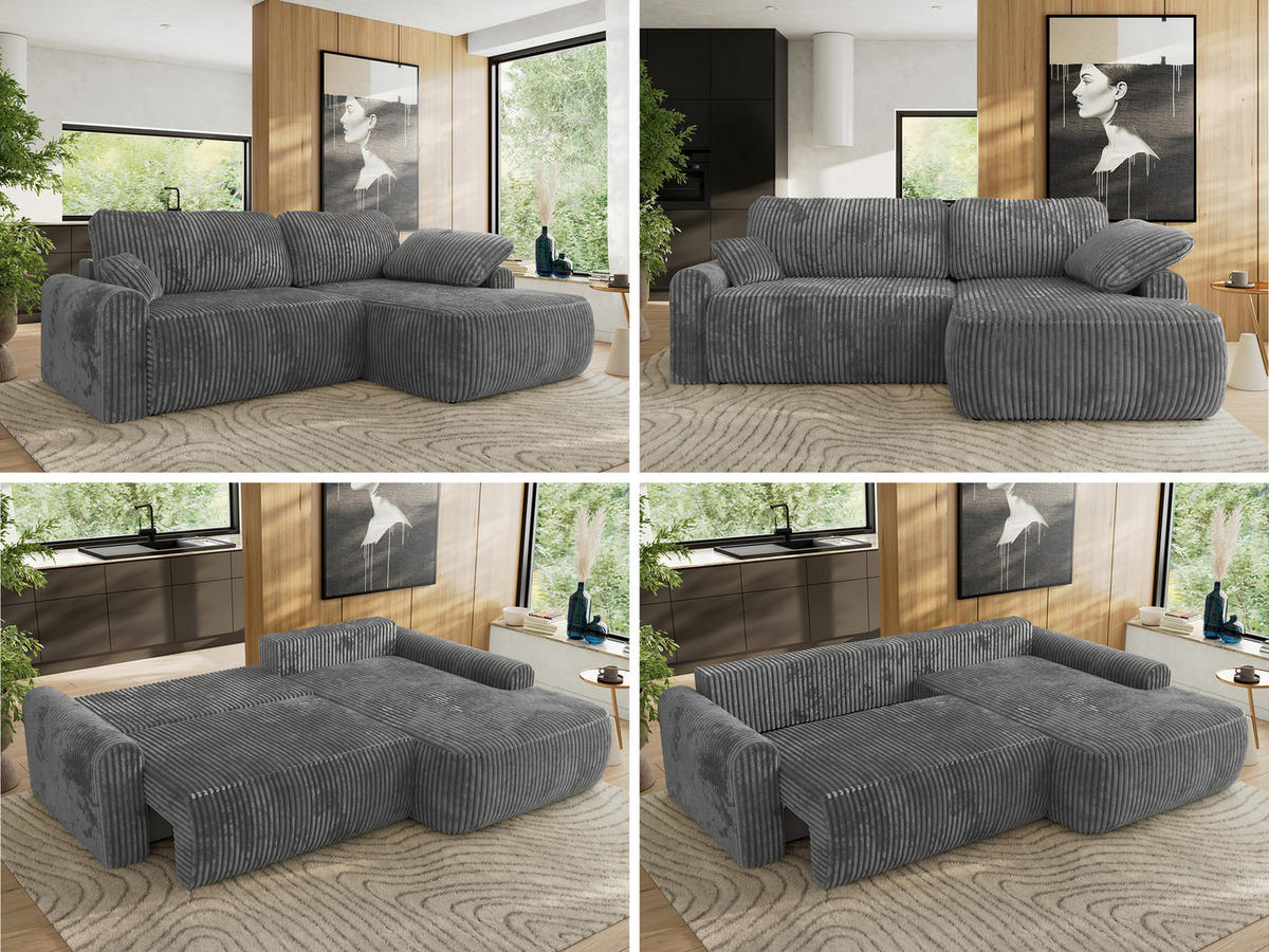 ECKSCHLAFSOFA CUBO L Dunkelgrau Cord - rechts - Dunkelgrau/Schwarz, Kunststoff/Textil (187/273cm) - MKS