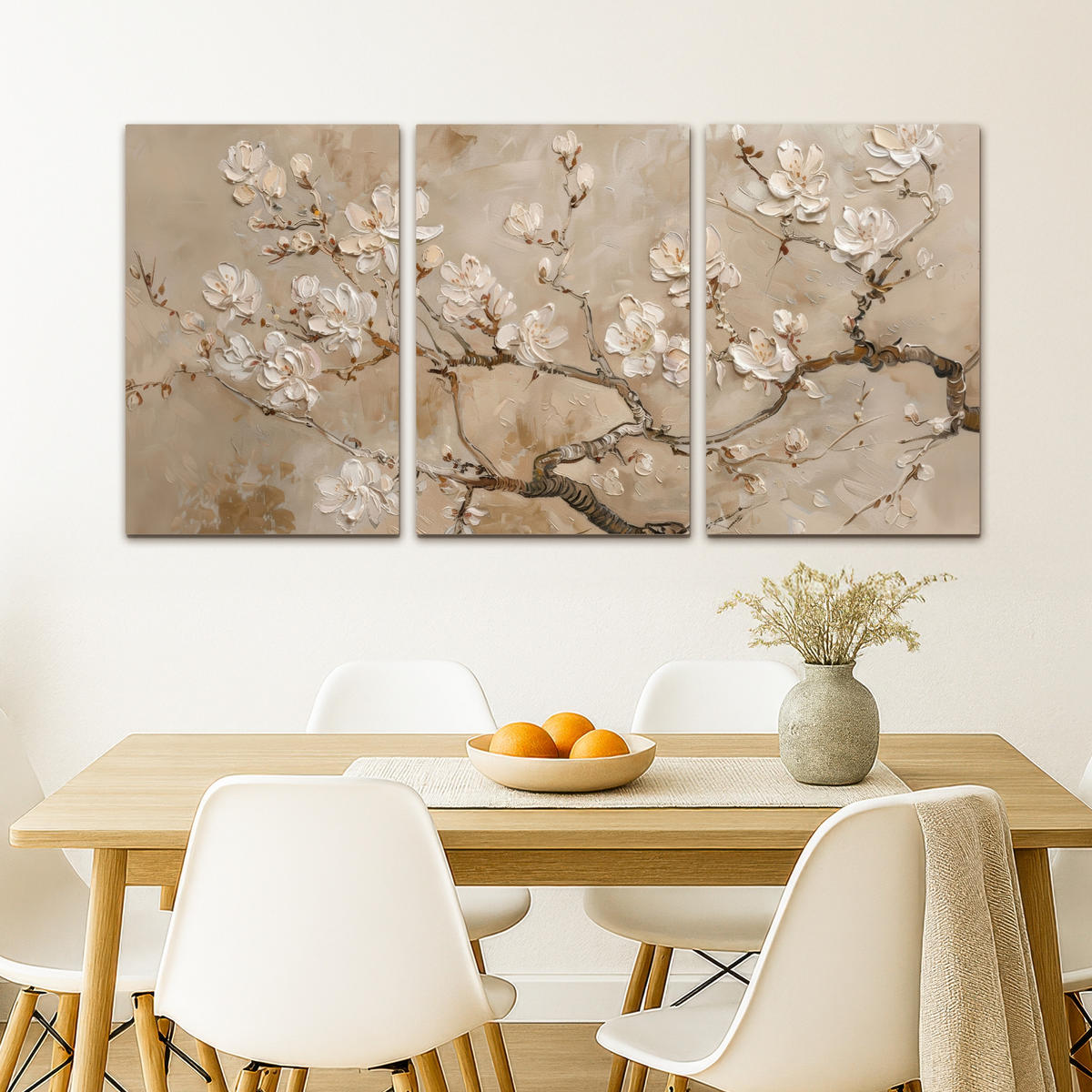 LEINWANDBILD 3er Set Beige - Blüte - Modern 120x60 cm - Greige, Textil (120/60cm) - MuchoWow