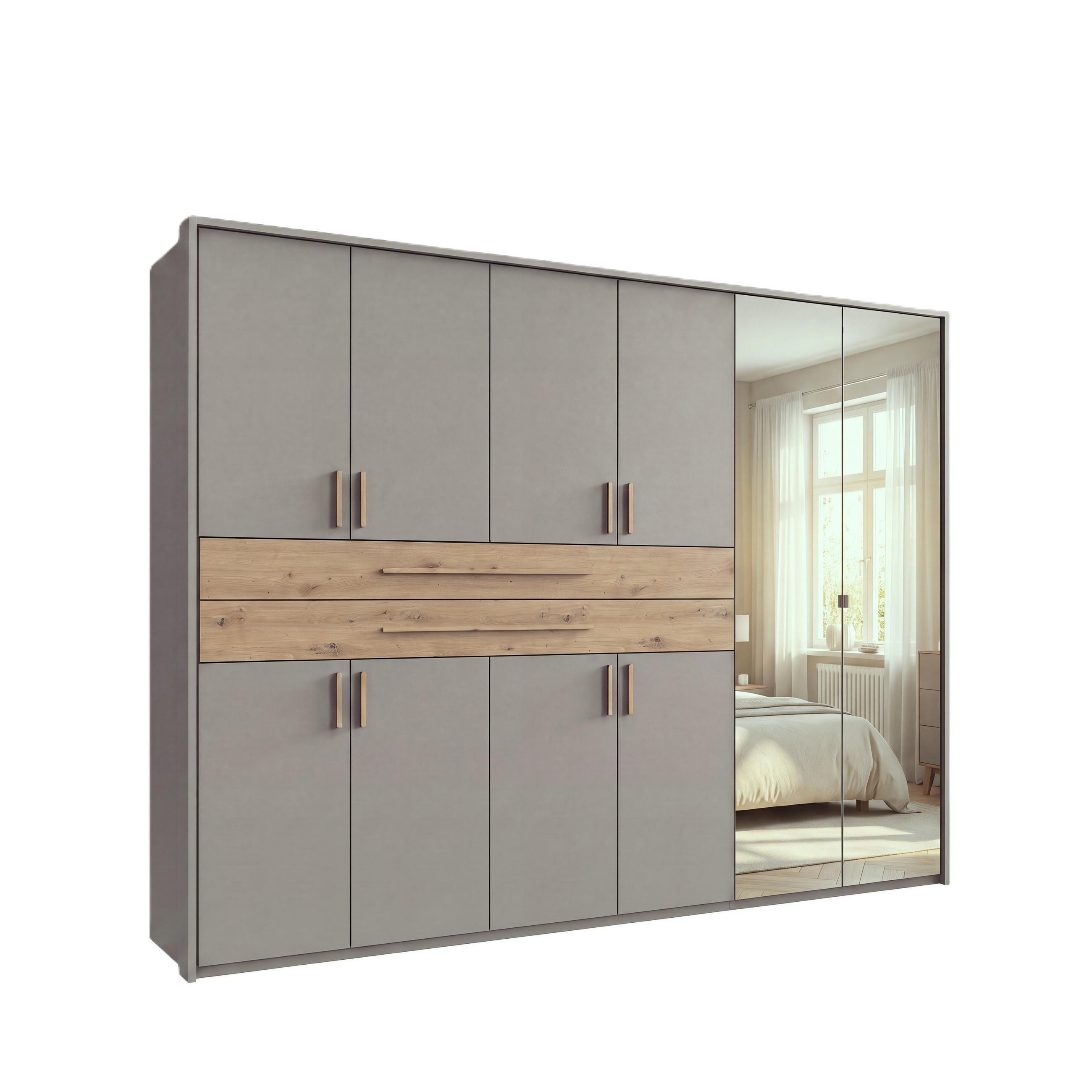 SKŘÍŇ S OTOČNÝMI DVEŘMI B273/H210/T58 cm, pískově šedá, šatní skříň s paspartou, 2 zrcadla, 2 velké zásuvky a úchytky v dekoru dub Artisan / 22650 - písková barva/dub artisan, kompozitní dřevo/plast (273/210/58cm) - luma-home