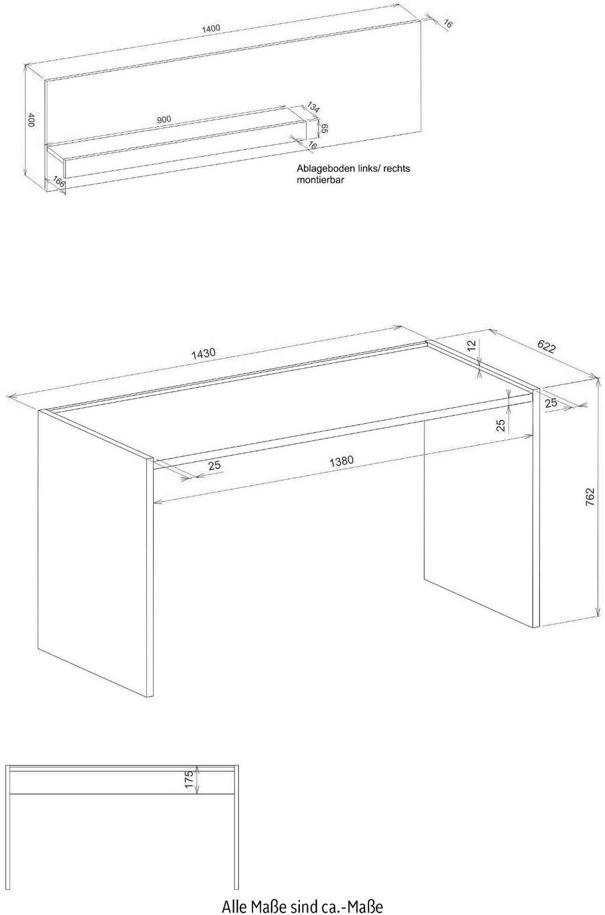 SCHREIBTISCHKOMBINATION 2-teilig grau matt, Eiche Wotan 143 cm, Büromöbel Set mit Wandregal - Eiche Wotan/Schwarz, Holzwerkstoff/Kunststoff (143/62/180cm) - Furn.Design