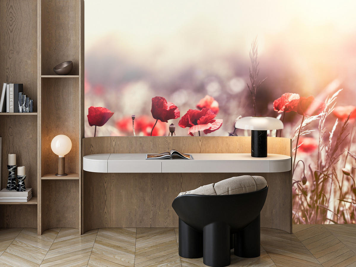 FOTOTAPETA Pre Jedáleň Poľné Kvety Červená Maková Lúka Slnko 500 x 350 cm - oranžová/hnedá, papier (500/350cm) - Muralo