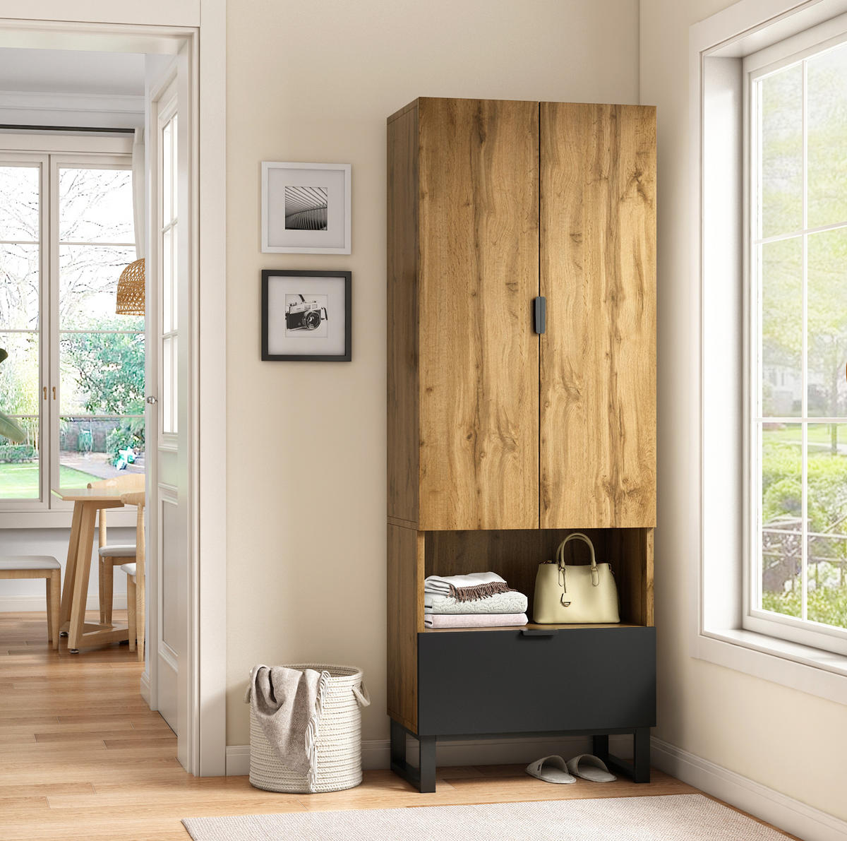 GARDEROBENSCHRANK 65/38/180 cm aus Spanplatte mit Kleiderstange und Schublade Natur/Schwarz - Naturfarben, Holzwerkstoff (38/65/180cm) - Modenvie