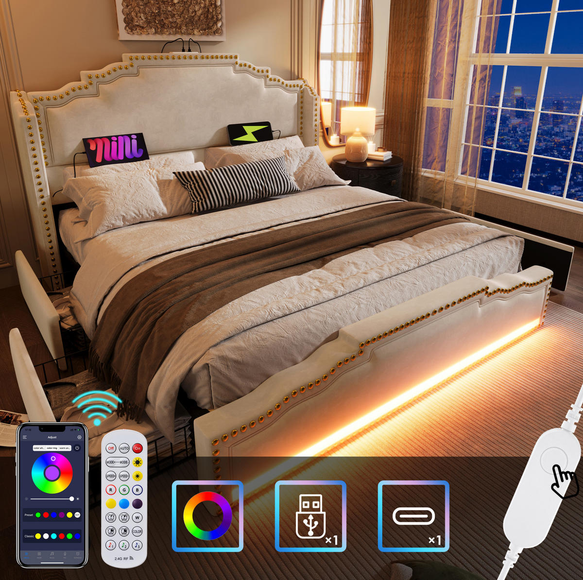 ČALÚNENÁ posteľ 140/200 cm, zamatová, béžová, s LED osvetlením, USB-C a úložnými zásuvkami - béžová, textil (140/200cm) - BEAOK