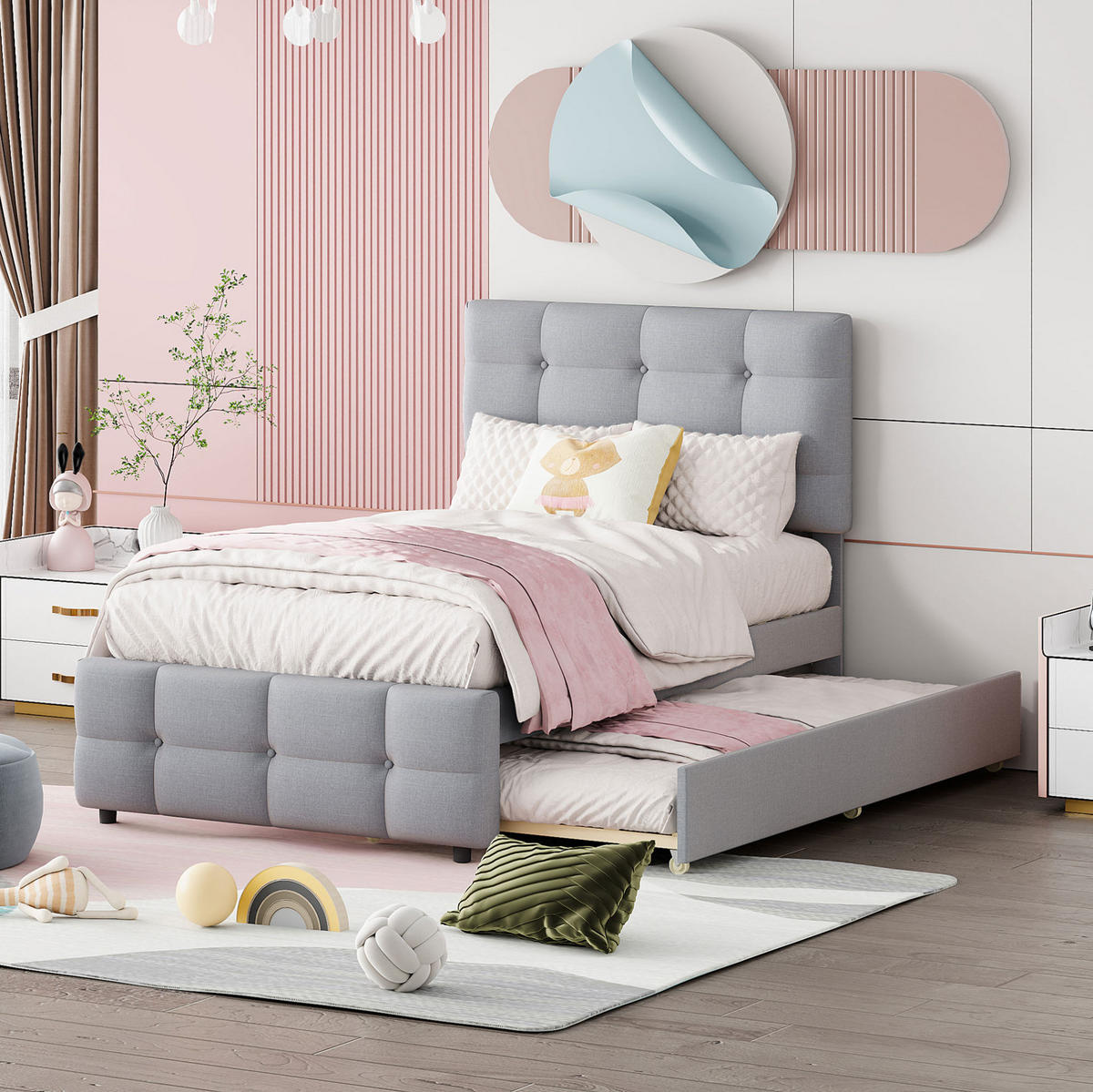 POLSTERBETT 90/200 cm Grau aus MDF, Metall und Leinenstoff mit ausziehbarem Bett - Grau, Textil (90/200cm) - OKMYHOME