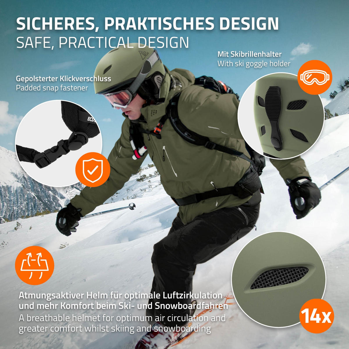 LYŽAŘSKÁ PŘILBA pro muže a ženy, robustní snowboardová přilba, zelená, velikost L (58–61 cm) - zelená barva, plast (30/24cm) - ECD-Germany