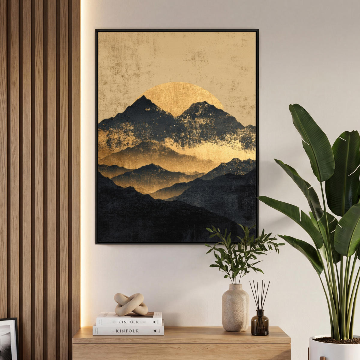 LEINWAND Bilder mit Rahmen - Goldene Berge bei Mondschein - 70x100 - Goldfarben, Textil (70/100cm) - MuchoWow