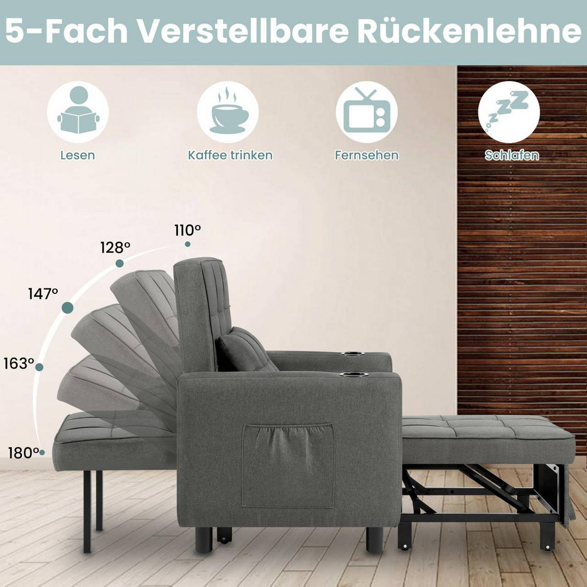 SCHLAFSESSEL 3 in 1,mit Liegefunktion, Leinenbezug, Dunkelgrau - Dunkelgrau/Schwarz, Kunststoff/Textil (87/99.5/79.5cm) - Woltu
