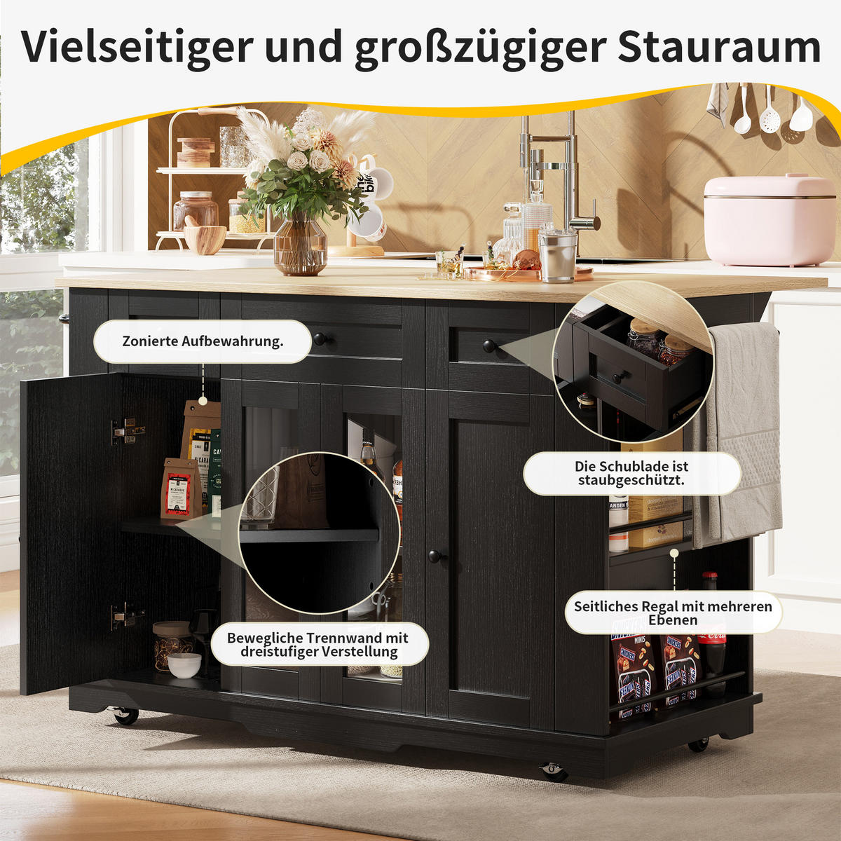 KÜCHENINSEL 151.5x85x91.7cm Schwarz mit Klapptisch & Schubladen - Schwarz, Holzwerkstoff (151.5/91.7/85cm) - Modfu