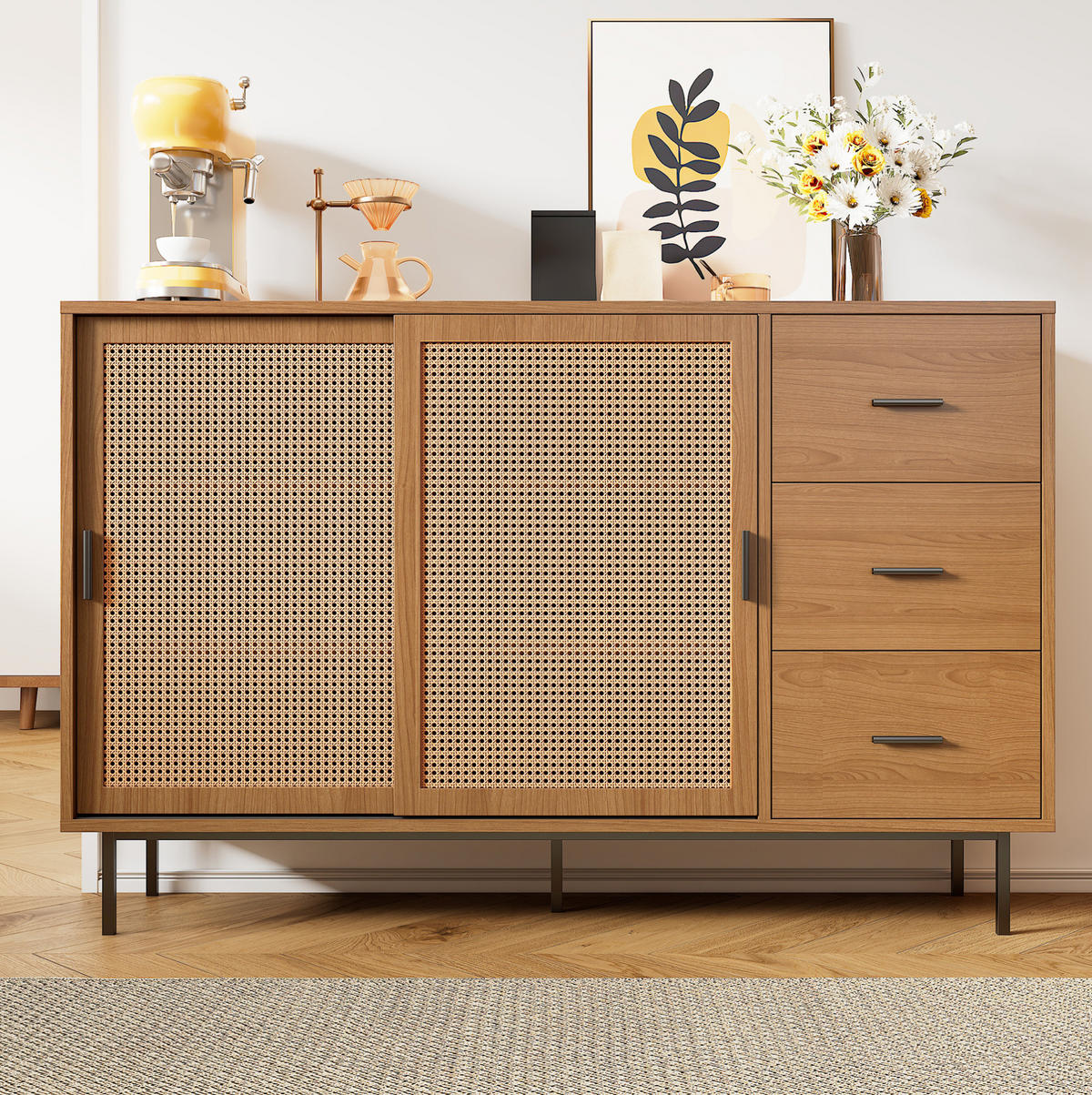 SIDEBOARD 140/37/91 cm natur aus Spanplatte mit Schiebetüren - Naturfarben, Holzwerkstoff (140/91/37cm) - OKWISH