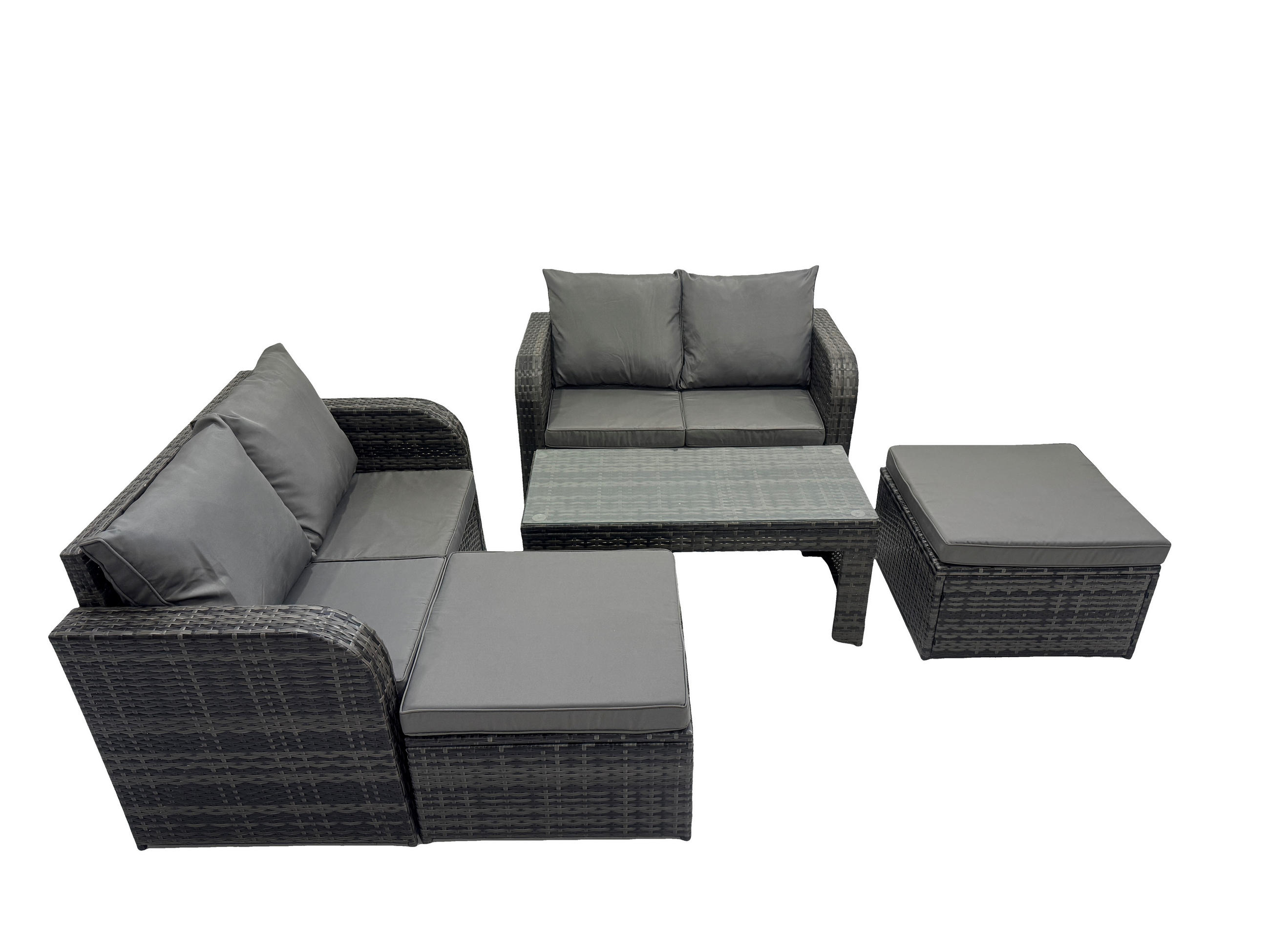 GARTENSOFA SET mit COUCHTISCH 2 HOCKERN Polyrattan 6-Sitzer - Dunkelgrau/Grau, Glas/Kunststoff - Fimous