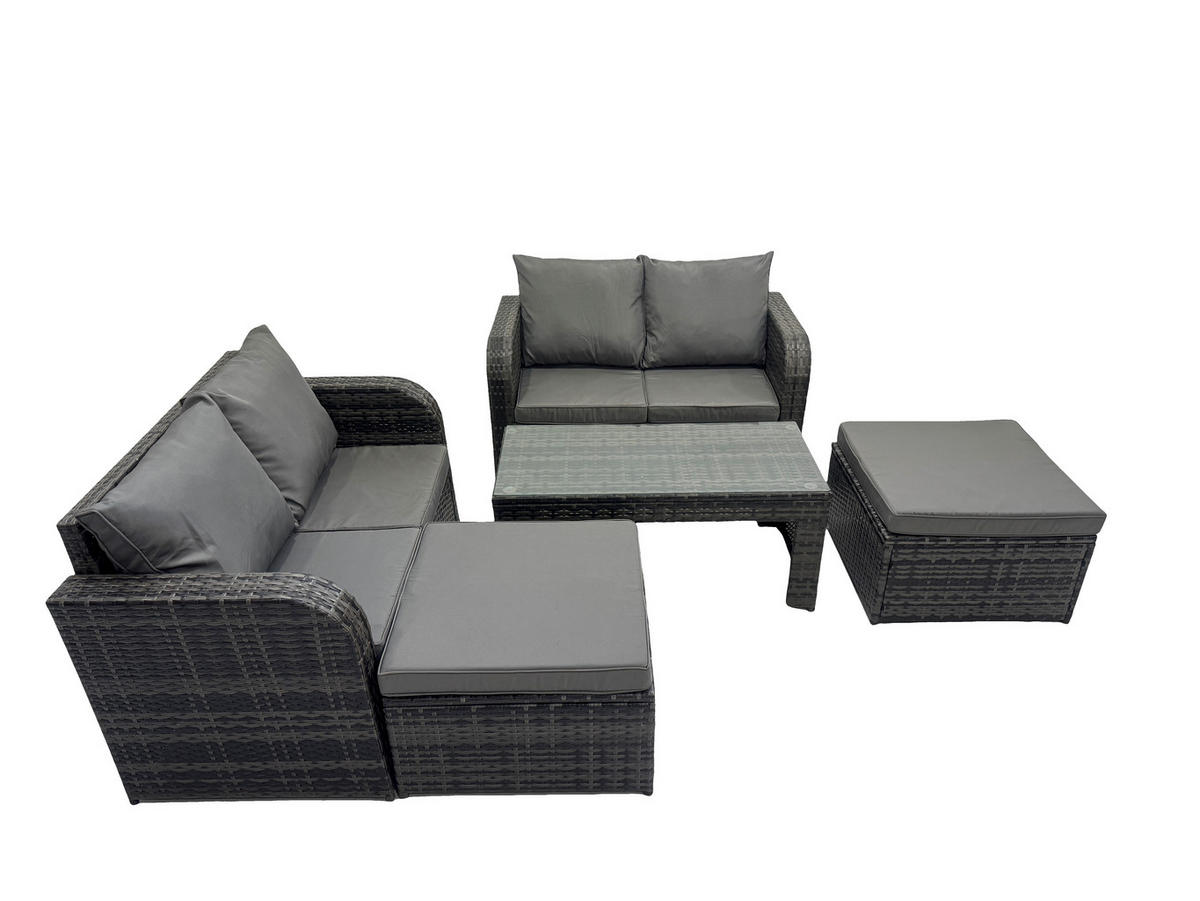 GARTENSOFA SET mit COUCHTISCH 2 HOCKERN Polyrattan 6-Sitzer - Dunkelgrau/Grau, Glas/Kunststoff - Fimous