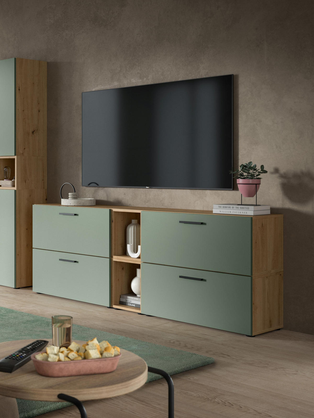 WOHNWAND The One Smoke Green 176/34/67 cm - Braun, Holzwerkstoff (176/67/34cm) - Xonox