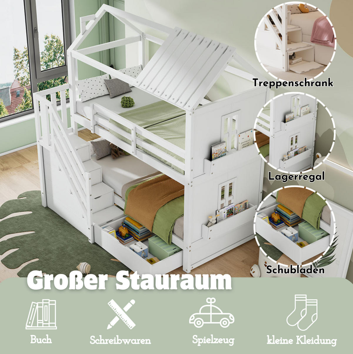 ETAGENBETT 90/200 cm mit Stauraumtreppe, Schubladen und Regalen, aus Kiefer/MDF, Weiß - Weiß, Holz (90/200cm) - Redom