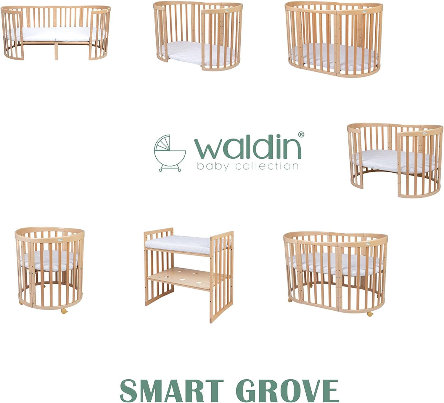 BABYBETT NATUR OVAL 7in1 mit Matratze - Naturfarben, Holz/Textil